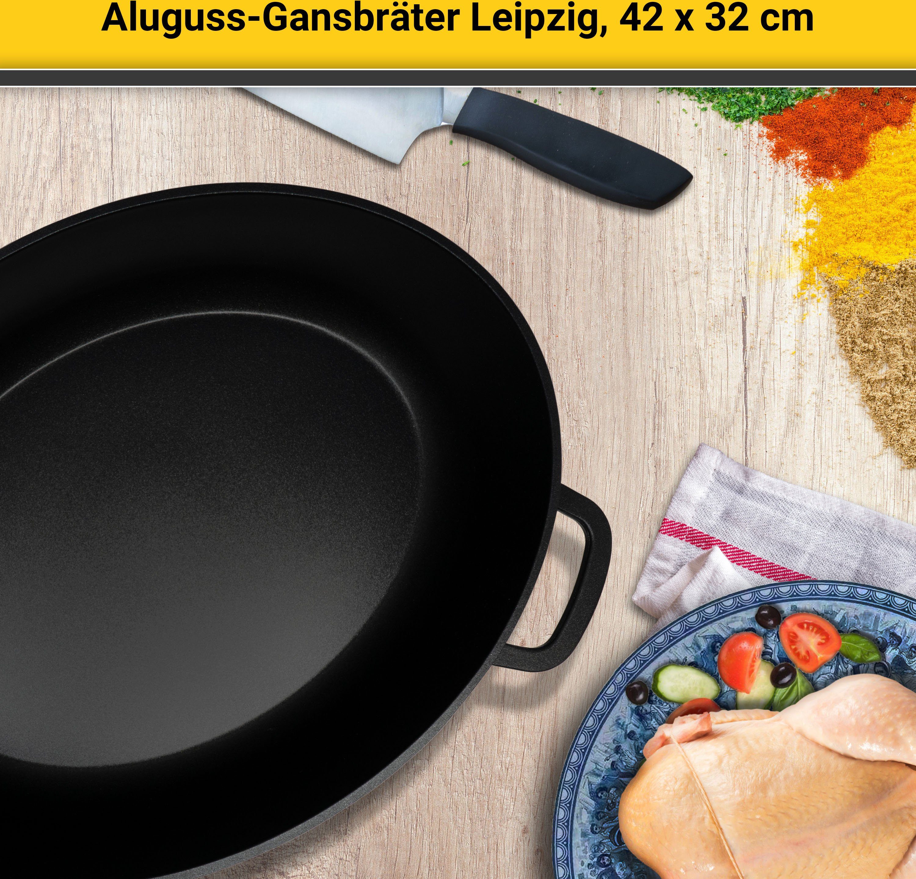 Krüger Braadpan Gietaluminium ganzenbraadpan met glazen deksel en aromaknop LEIPZIG, 42x32x14 cm (1-delig)