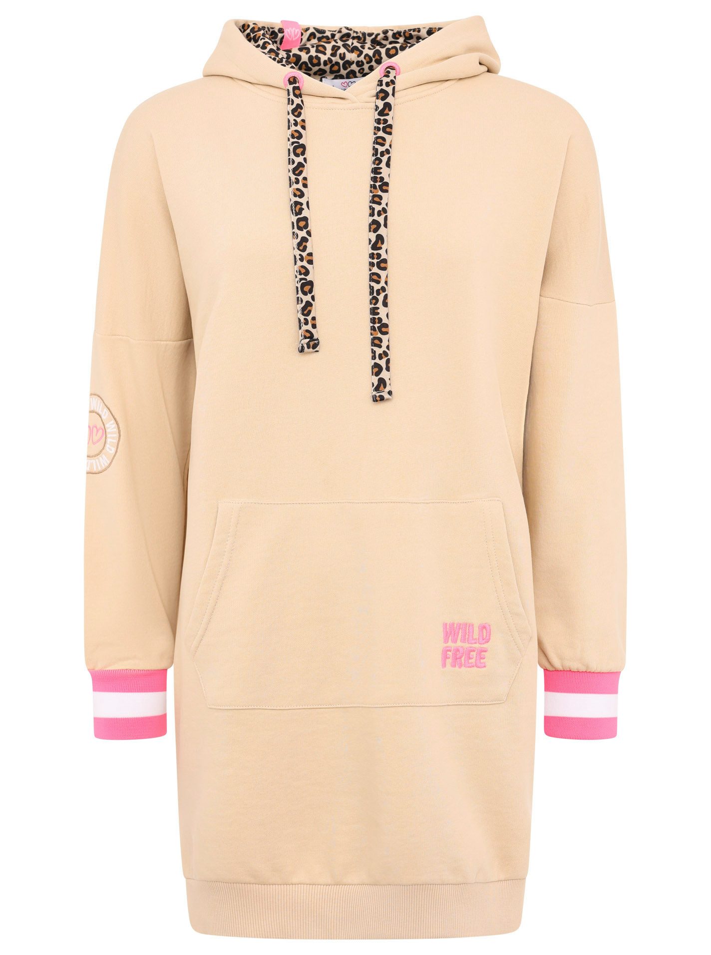 Zwillingsherz Sweatjurk Wild Free met capuchon, zak, leo-detail en grote borduursel achter
