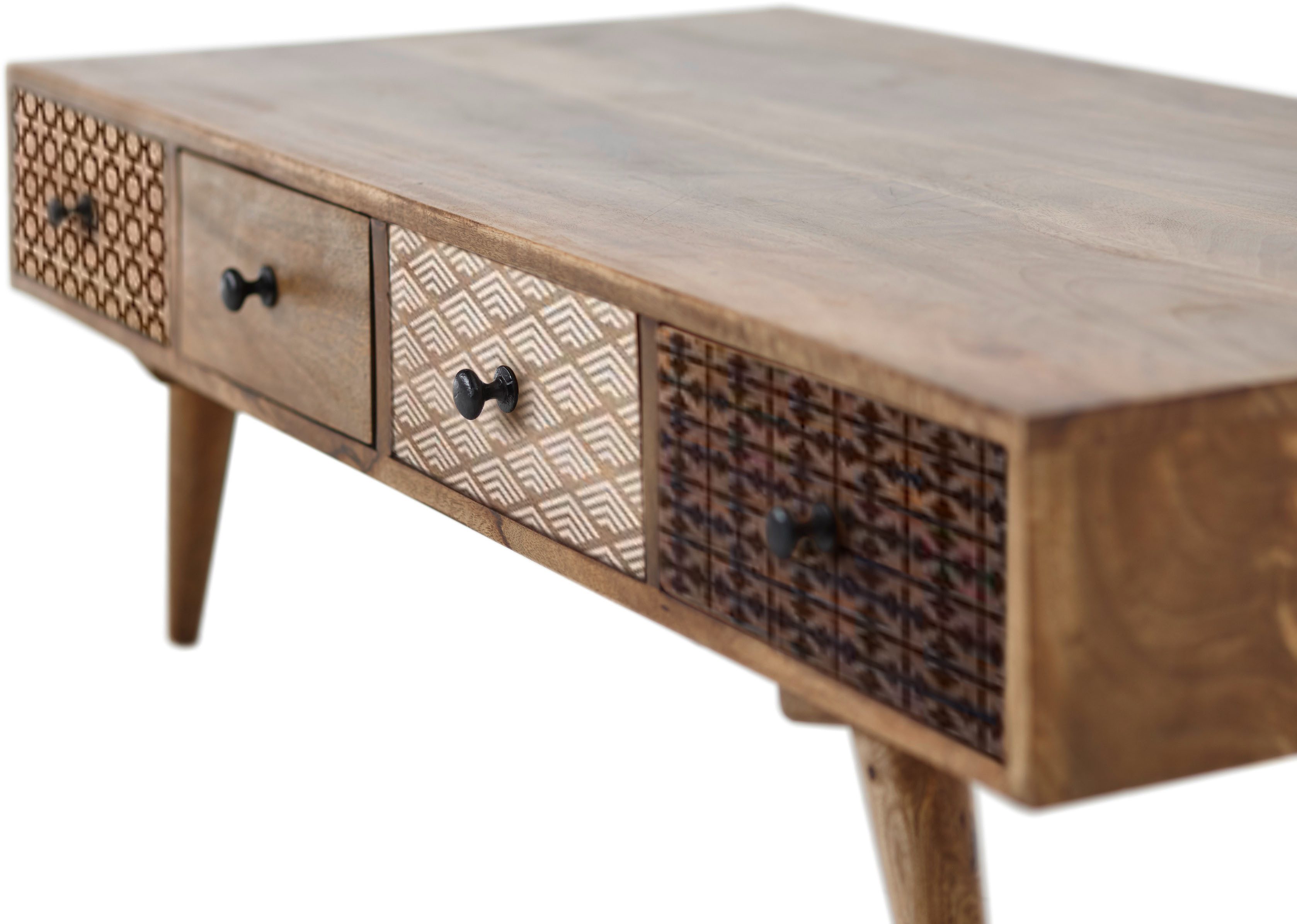 Stolkom Salontafel Shari salontafel met lades, massief hout BxHxD 117x36x60 cm Massief mango hout, 8 lades met verschillende gemusterde fronten