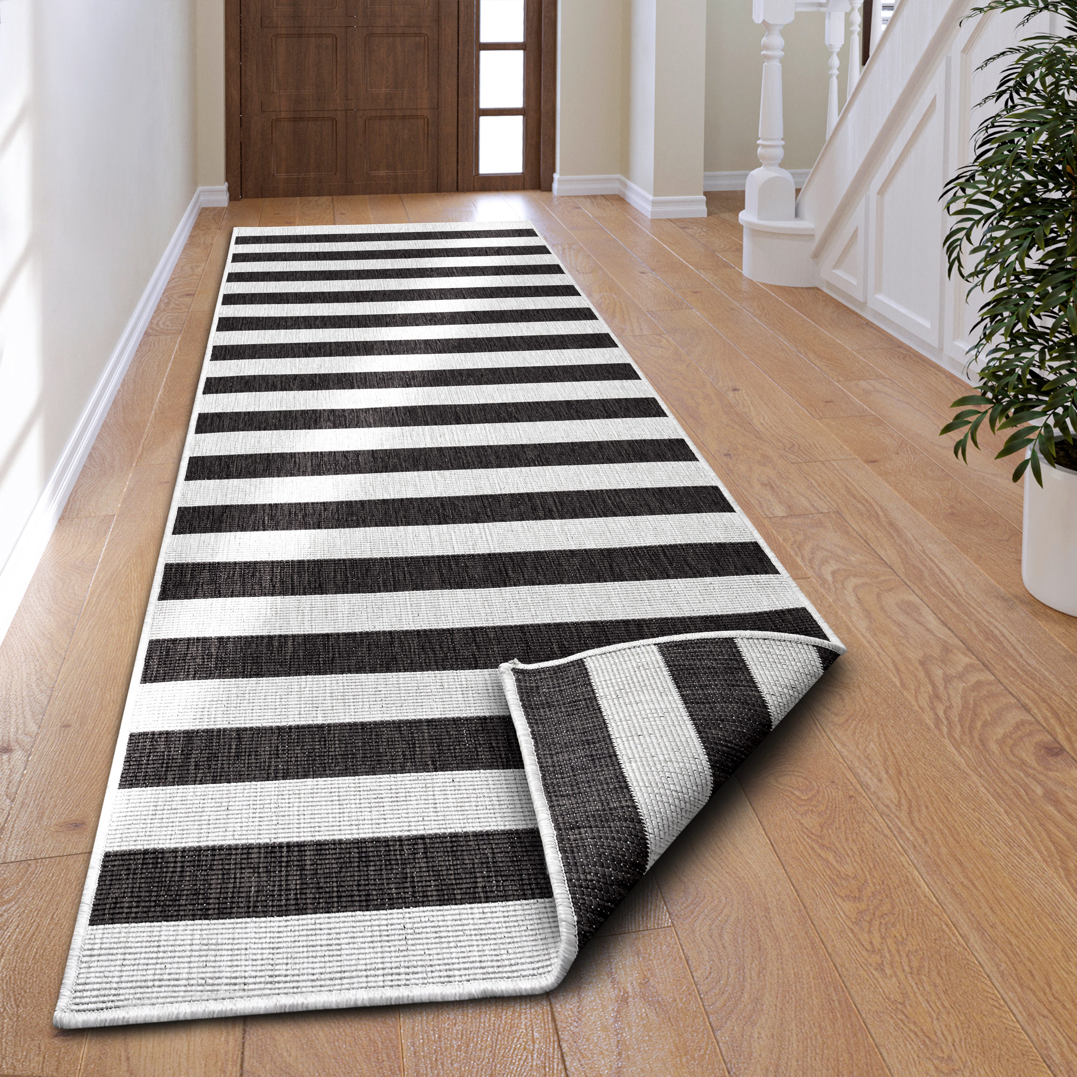 my home Loper Alan omkeerbaar tapijt Dubbelzijdig te gebruiken, strepen, Scandi, weerbestendig, voor binnen en buiten lopers maat 80x350 cm zwart