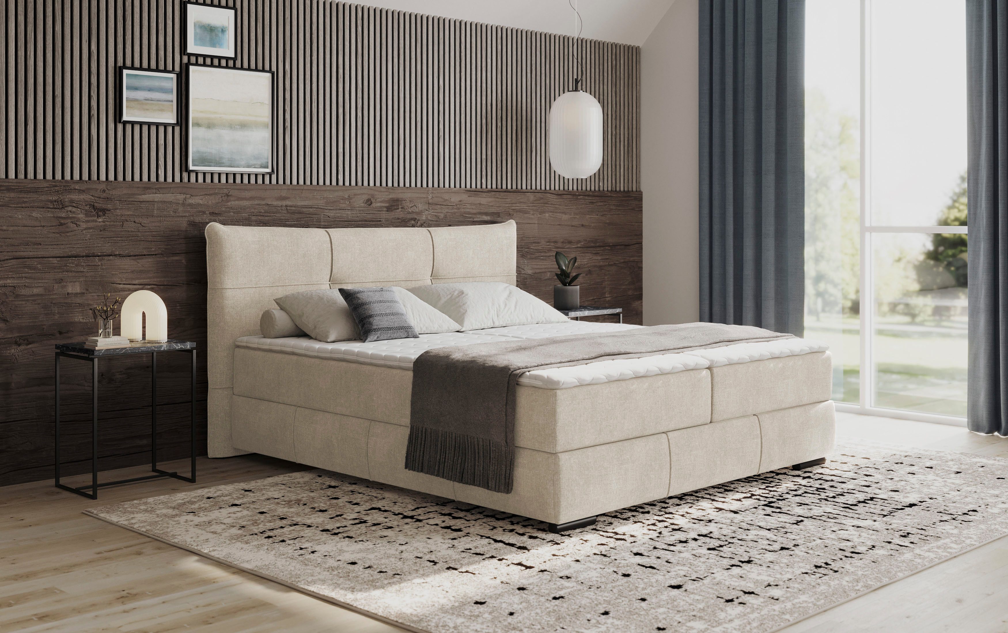 Mr. Couch Boxspring Brewdley met bedkist, incl. matras Topmatras en sierkussen, in verschillende hardheden beschikbaar boxsprings beige