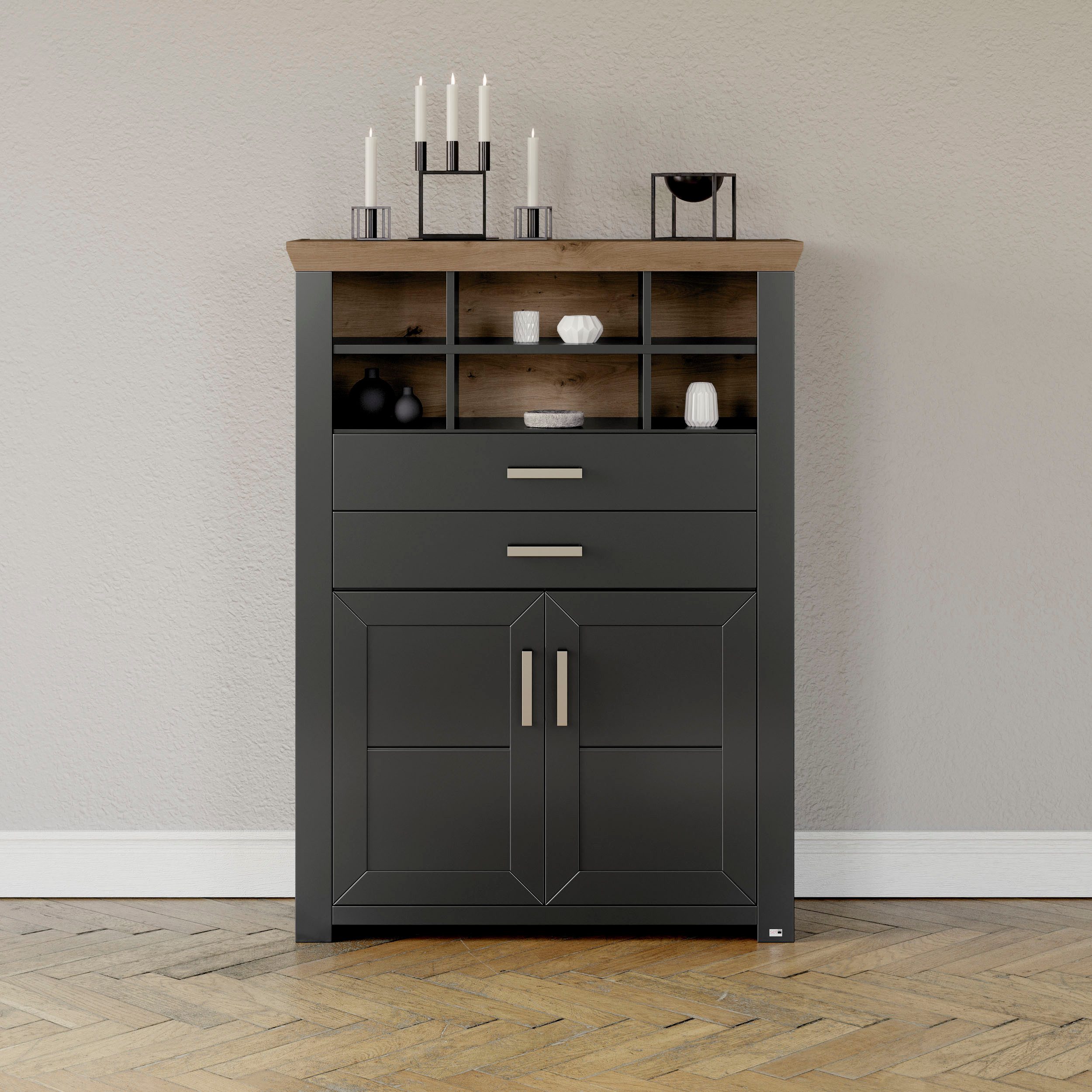 set one by Musterring Highboard York Type 16, met houten deuren en lade, verlichting optioneel, B 105 cm highboards grijs