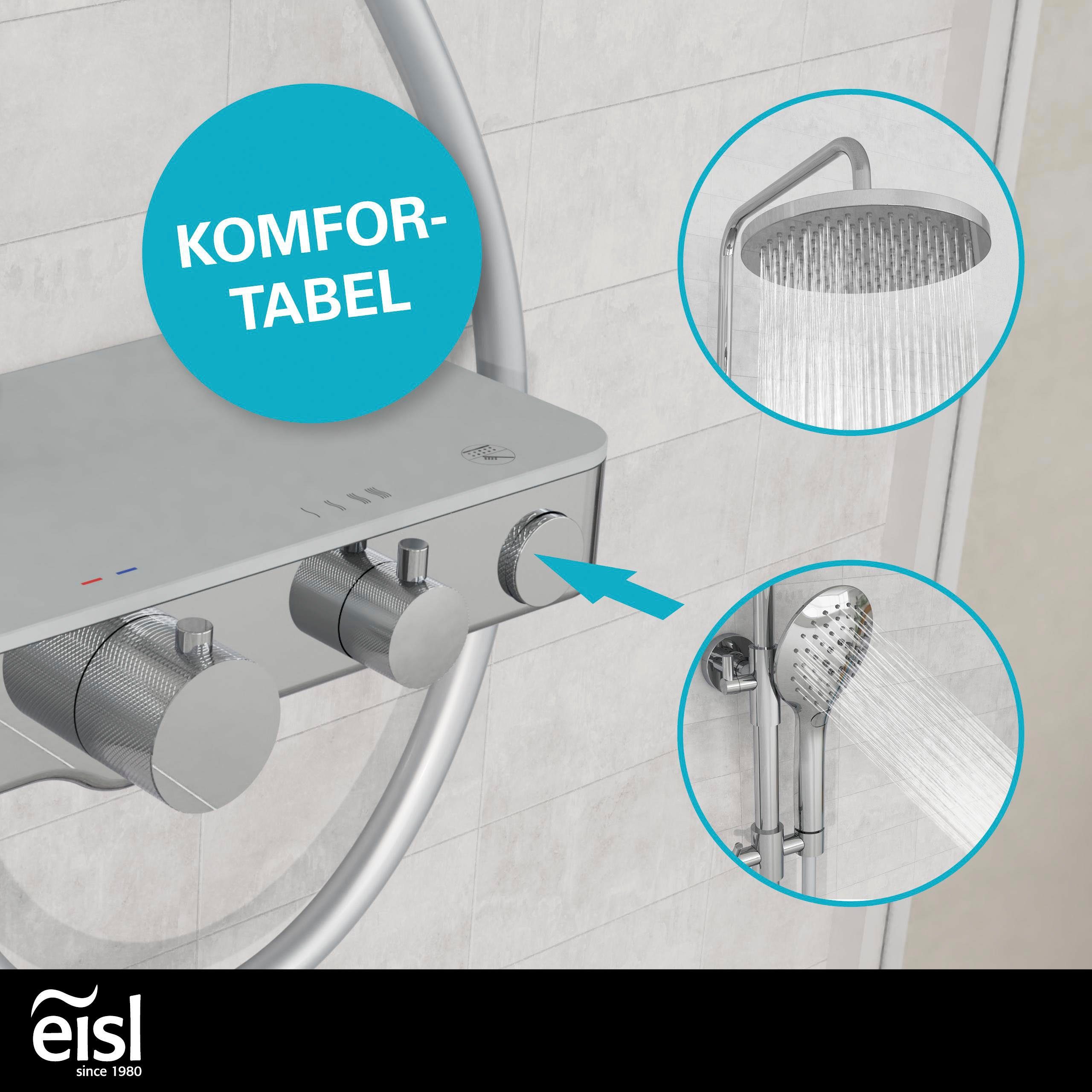 Eisl Douchestang-set Futura met thermostatische mengkraan en glasplaat, handdouche met 3 functies (complete set)