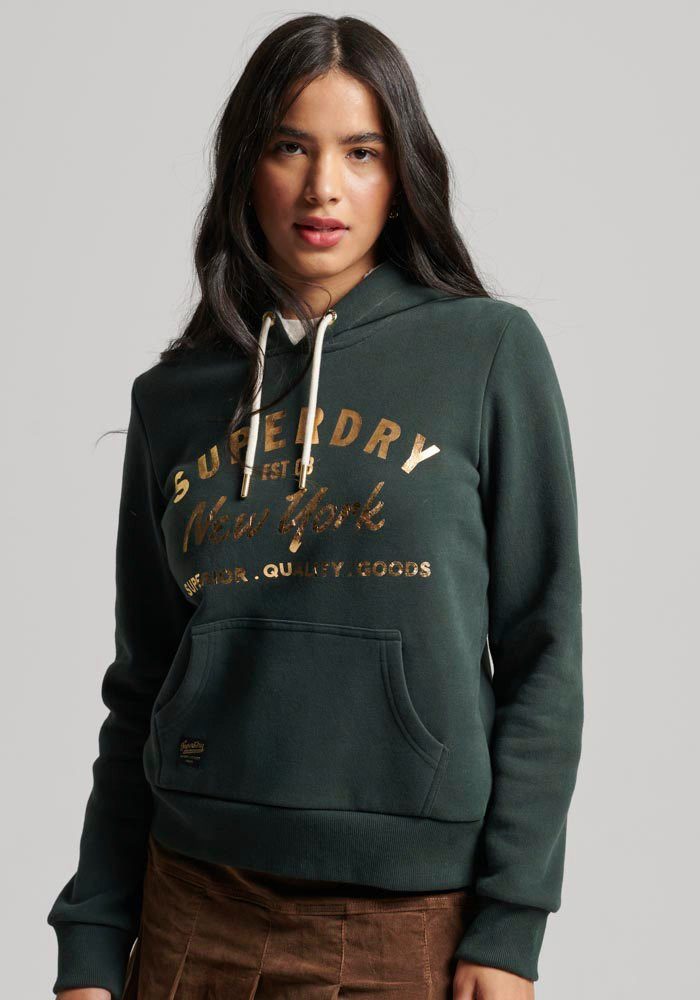 Superdry hoodie LUXE METALLIC LOGO HOODIE met printopdruk groen