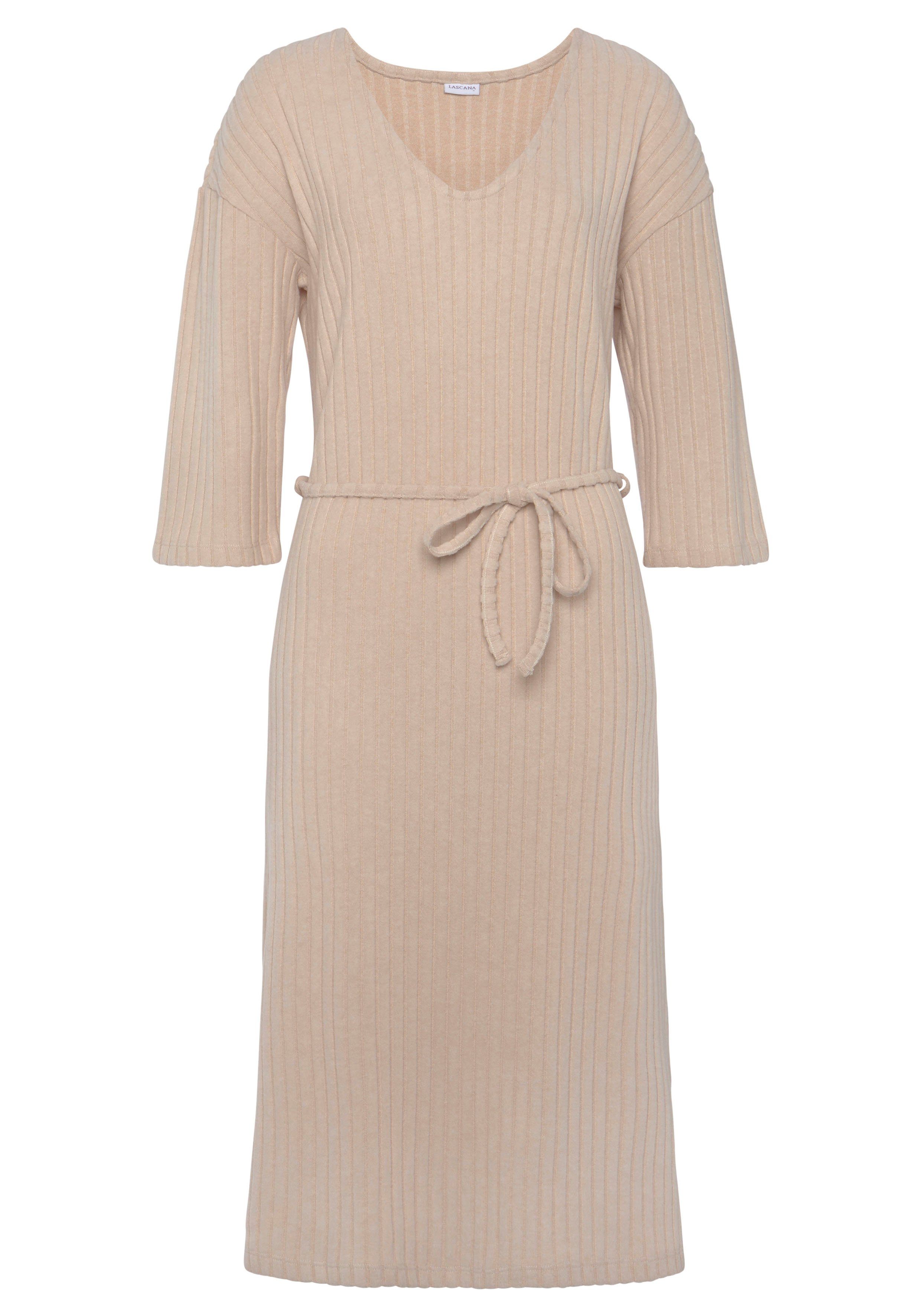 Lascana Gebreide jurk - Ribgebreide jurk, loungejurk Lounge-/rib jurk met wijde mouwen en tailleband, loungewear (1-delig)