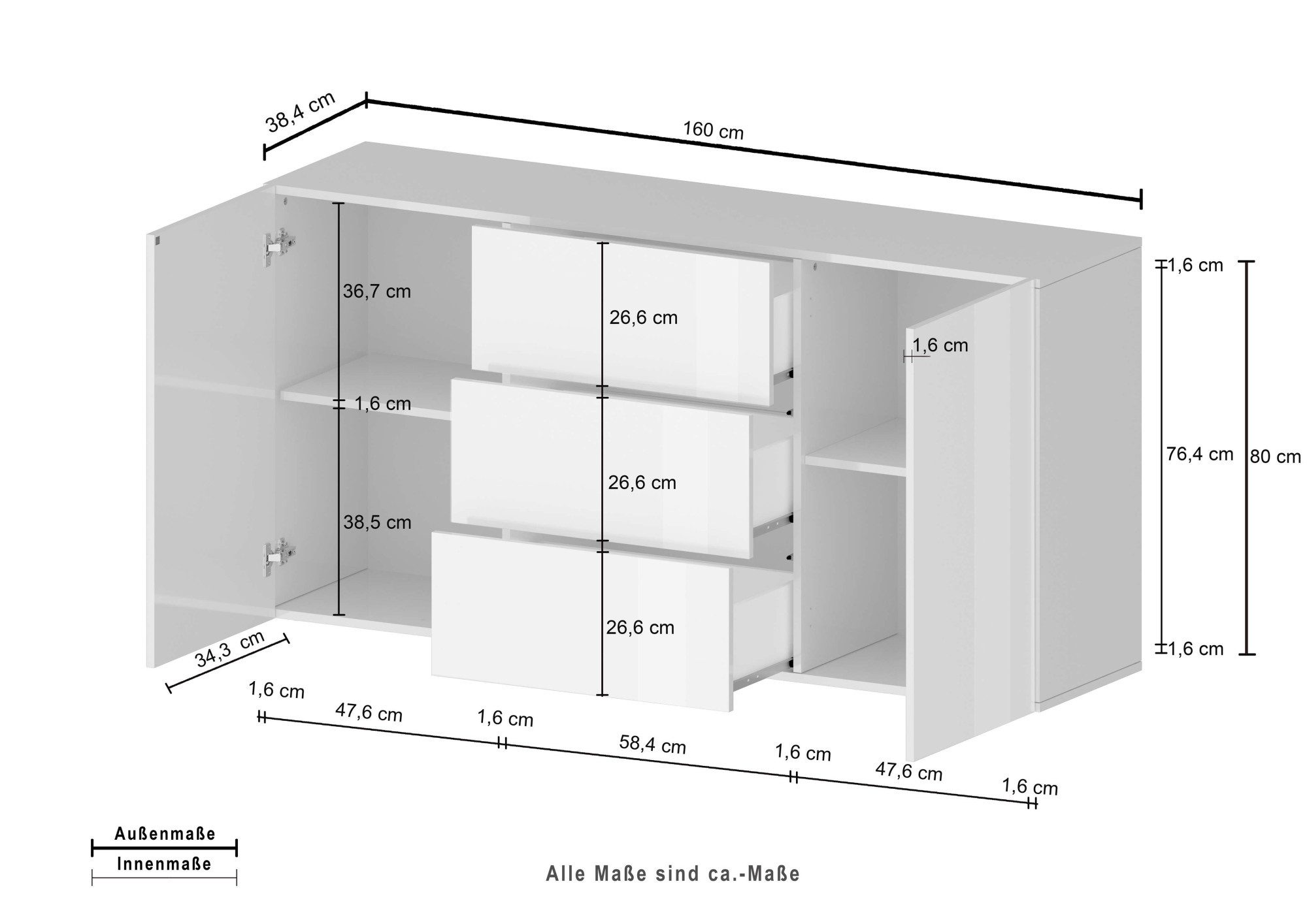 INOSIGN Dressoir Egypt, Ladekast, Kast, Buffet, greeploos 2 deuren, 3 lades, volledig hoogglans gelakt breedte 160