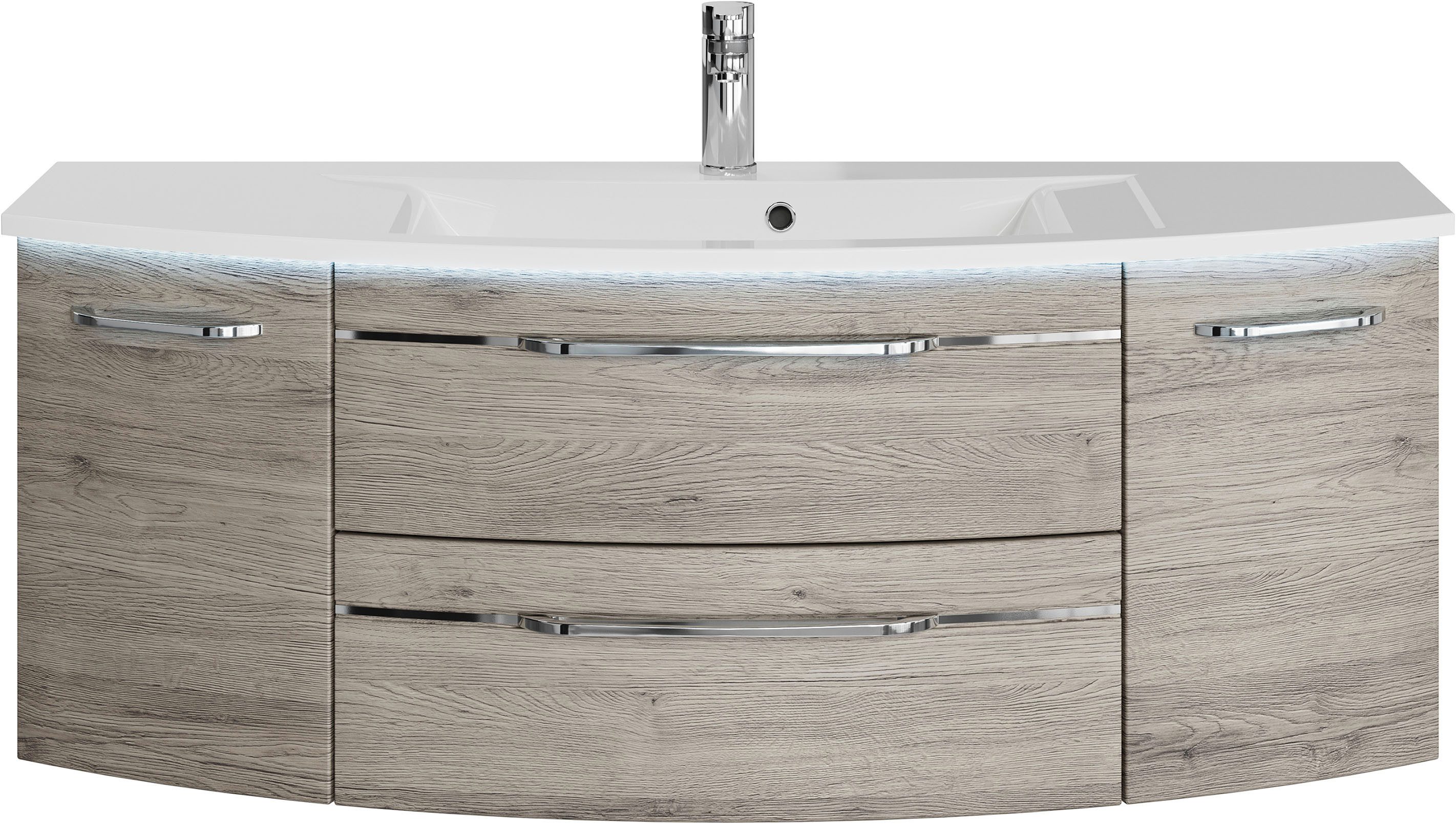 Saphir Wastafelonderkast Serie 7045 Mineralmarmor-Waschtisch und Unterschrank, 131 cm breit