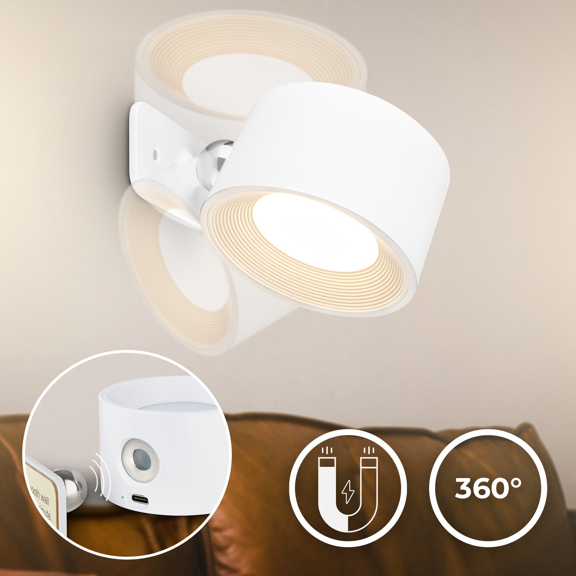 B.K.Licht Led-wandlamp BKL1596 Magnetische accu wandlamp, 3-niveau dimmer, met USB-C