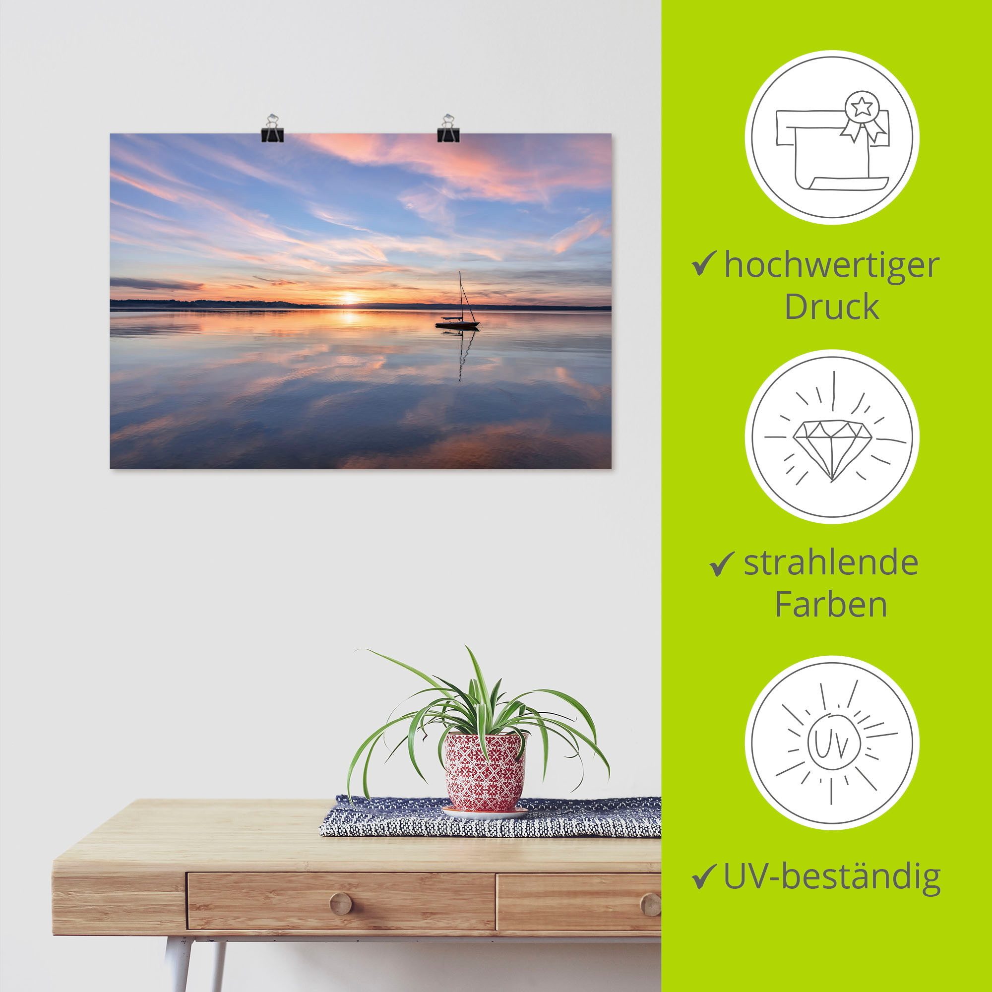 Artland Artprint Zonsondergang aan het Starnberger meer II als artprint van aluminium, artprint op linnen, muursticker of poster in verschillende maten