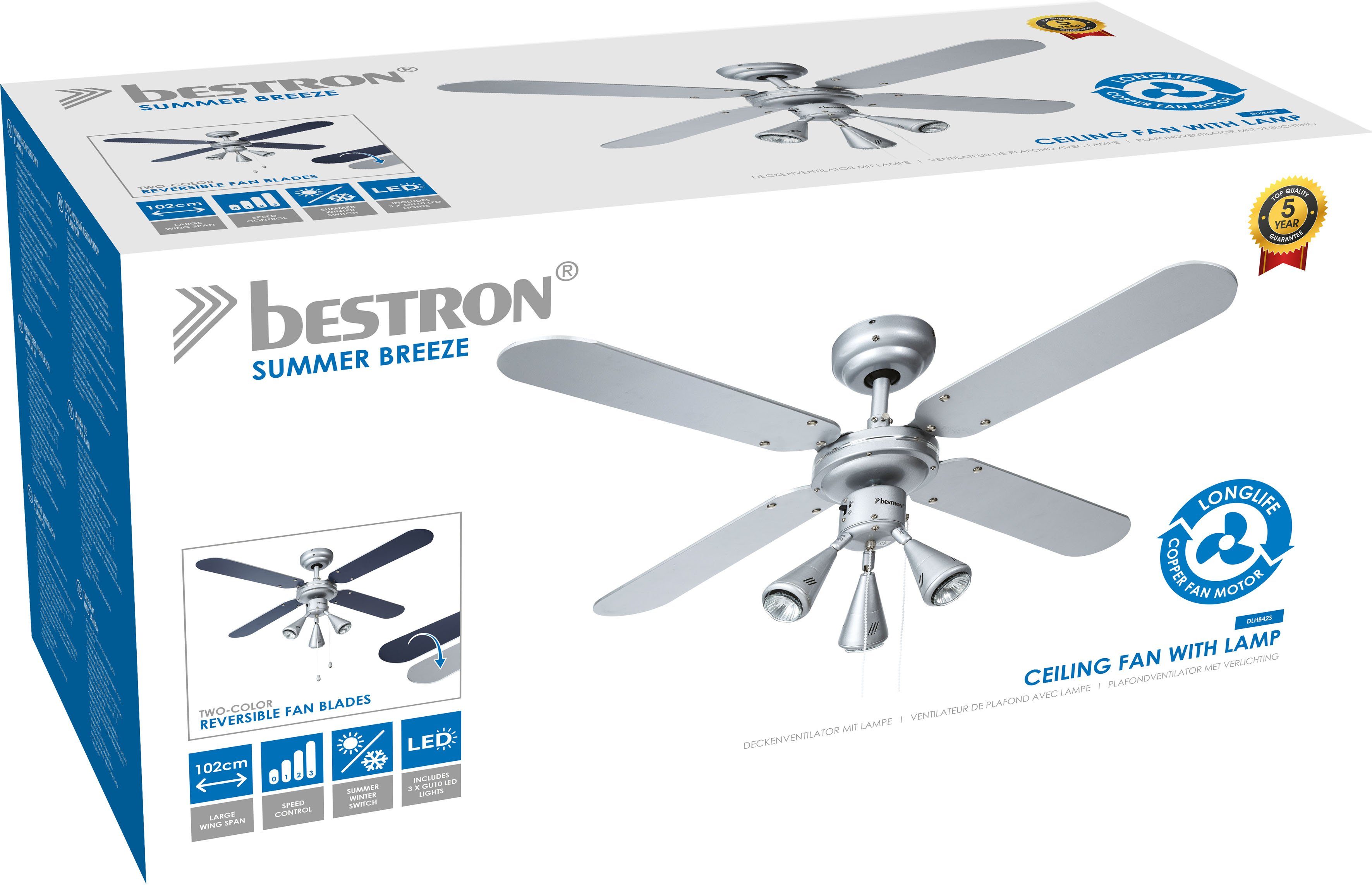 bestron Plafondventilator DLHB42S met 3 lampen, vleugelspanwijdte ø 102 cm, zomer-/winterfunctie, 50 w
