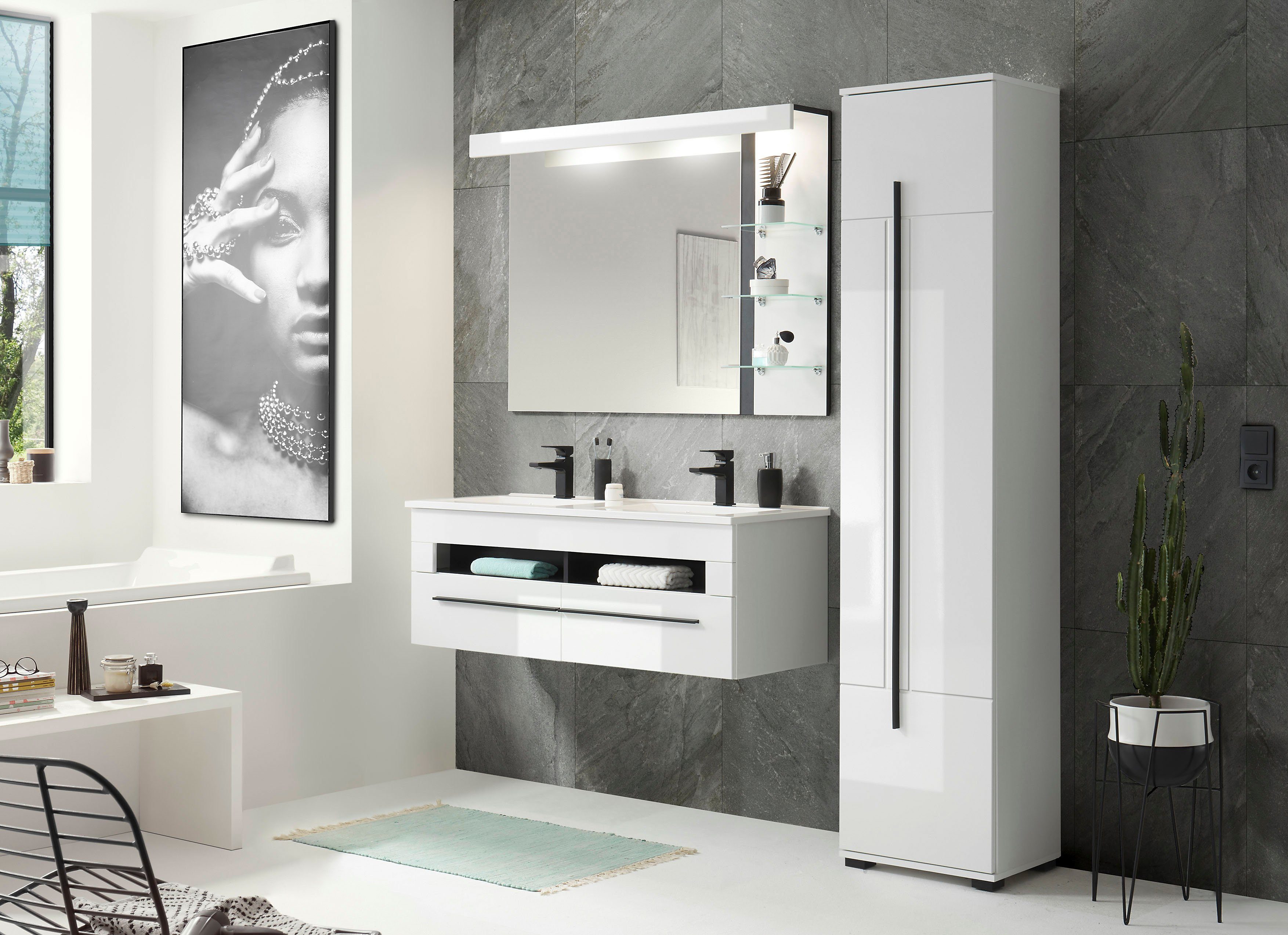 INOSIGN Hoge kast Cantara, Badschrank in Hochglanz Weiß, Hochschrank im modernen Design