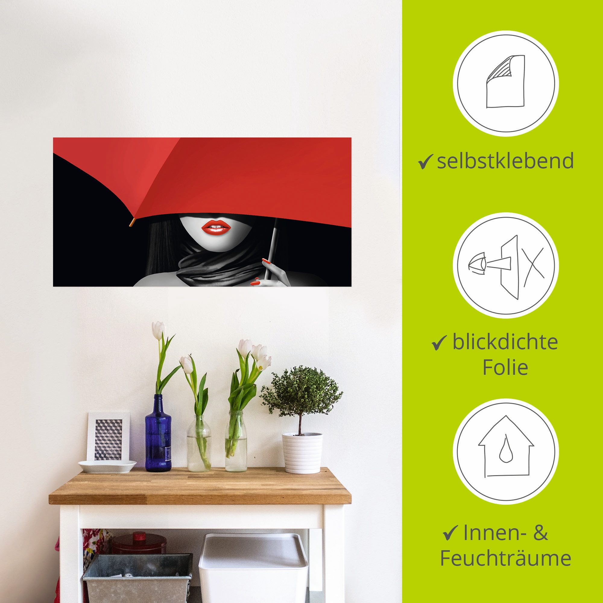 Artland Artprint Rode lippen onder de paraplu als artprint van aluminium, artprint voor buiten, poster, muursticker in diverse maten formaten