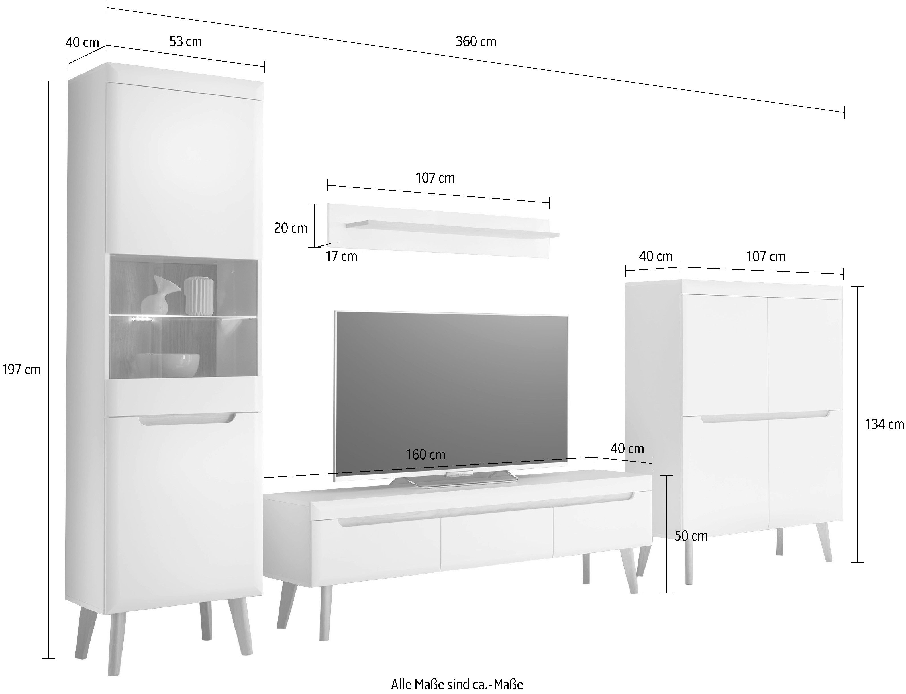 INOSIGN Wandmeubel Torge, wandmeubel, kastwand, mediawand, woonkamer-set bevat 1 vitrine, 1 lowboard, 1 highboard + 1 wandplank, 360 cm breed (set, 4-delig)