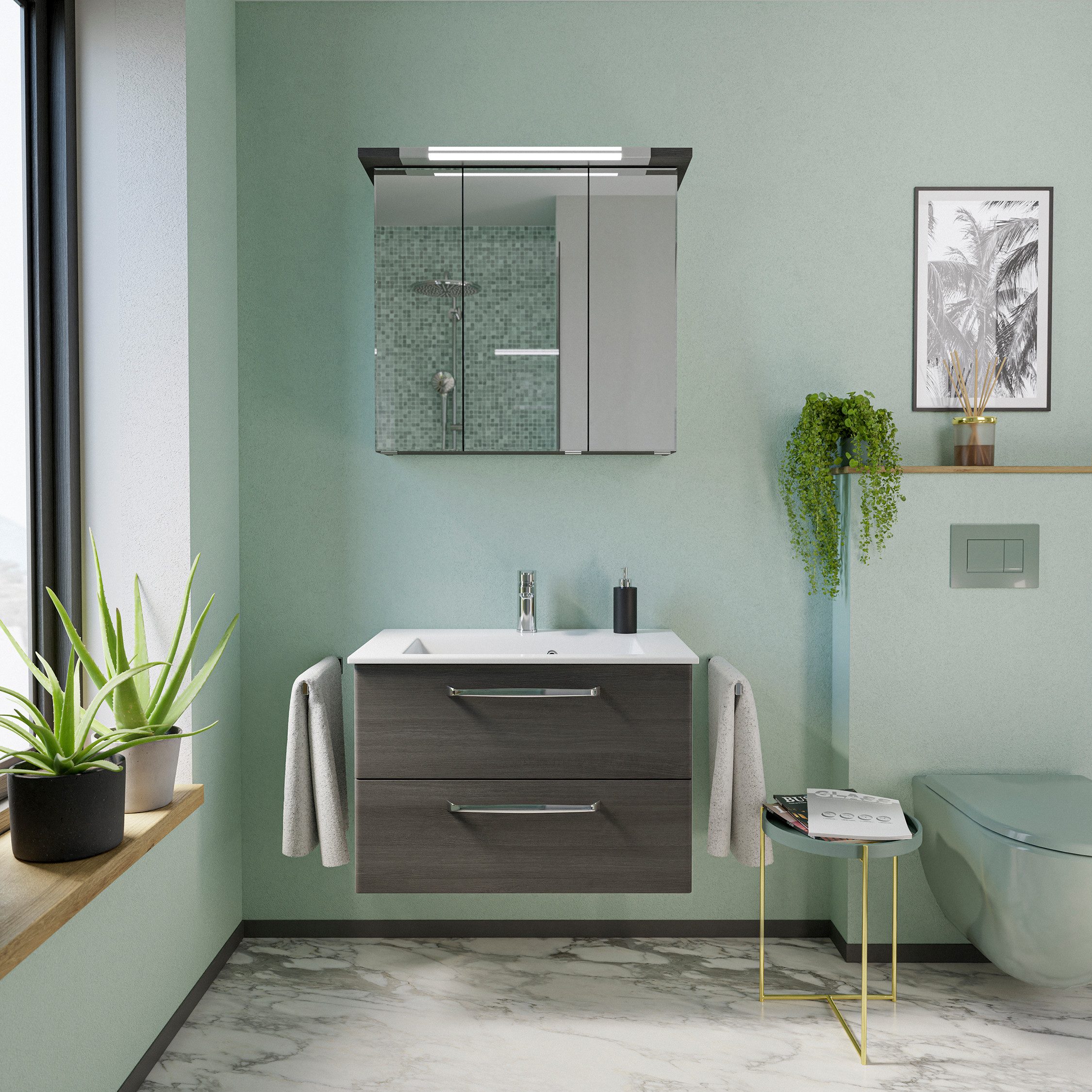 Saphir Badmeubelset Trentino 2-delig mineralen marmer wasbak, spiegelkast met LED-profiel (3 stuks)