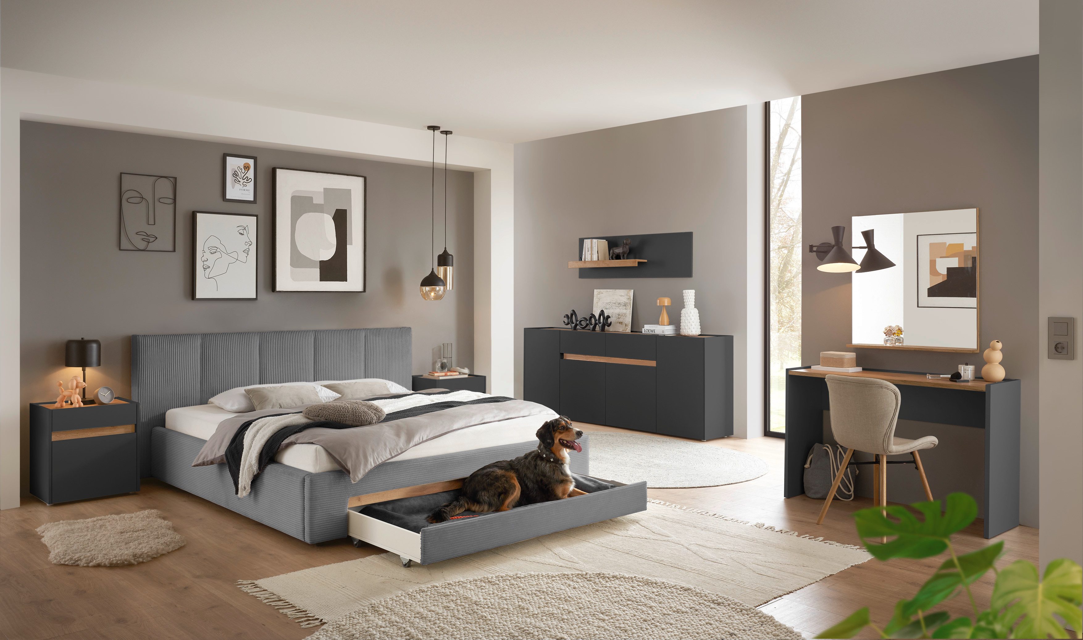 INOSIGN Gestoffeerd bed CiTY/GiRON, bedframe met bedlade, gestoffeerd opbergbed met hondenbed of opberglade, bekleding van corduroy of linnenlook