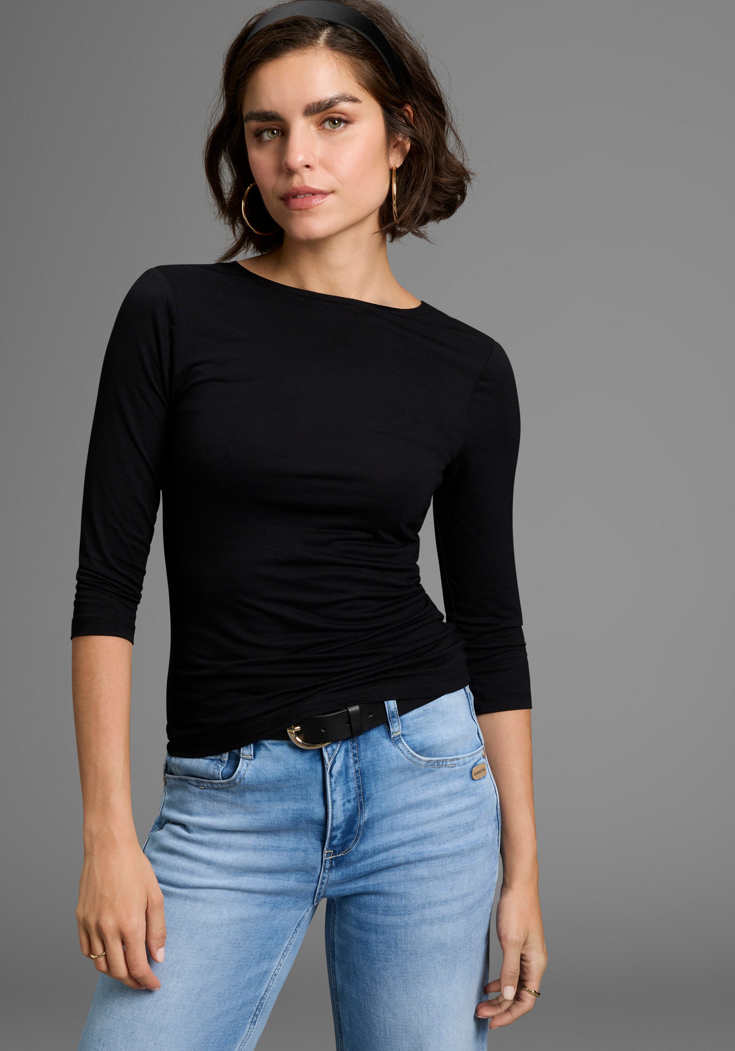 Melrose Shirt met ronde hals 3/4-mouw, getailleerde snit, met kant
