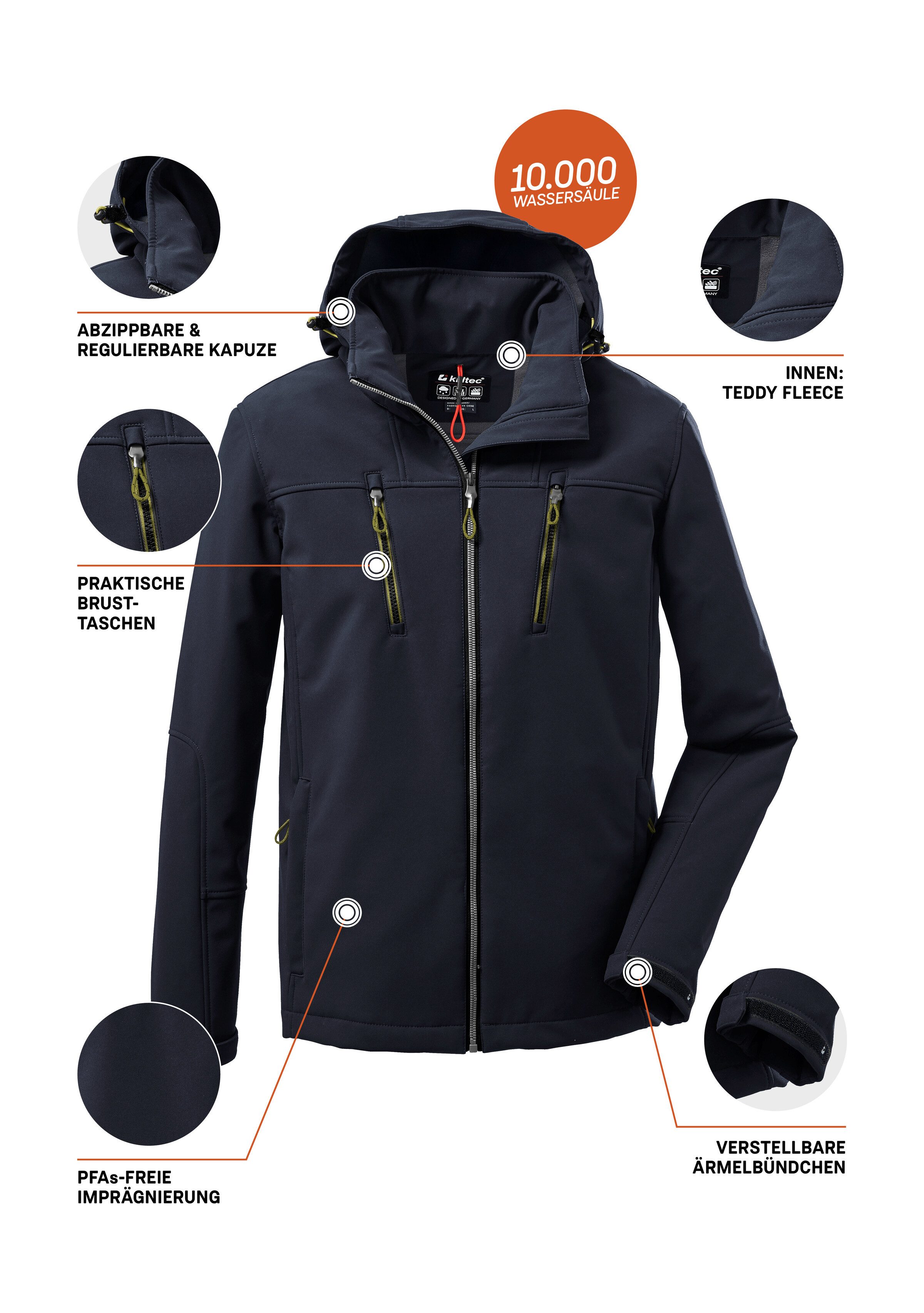 Killtec Softshell-jack KOW 163 MN SFTSHLL JCKT Waterdichte softshell jas, afneembare capuchon, fleecevoering