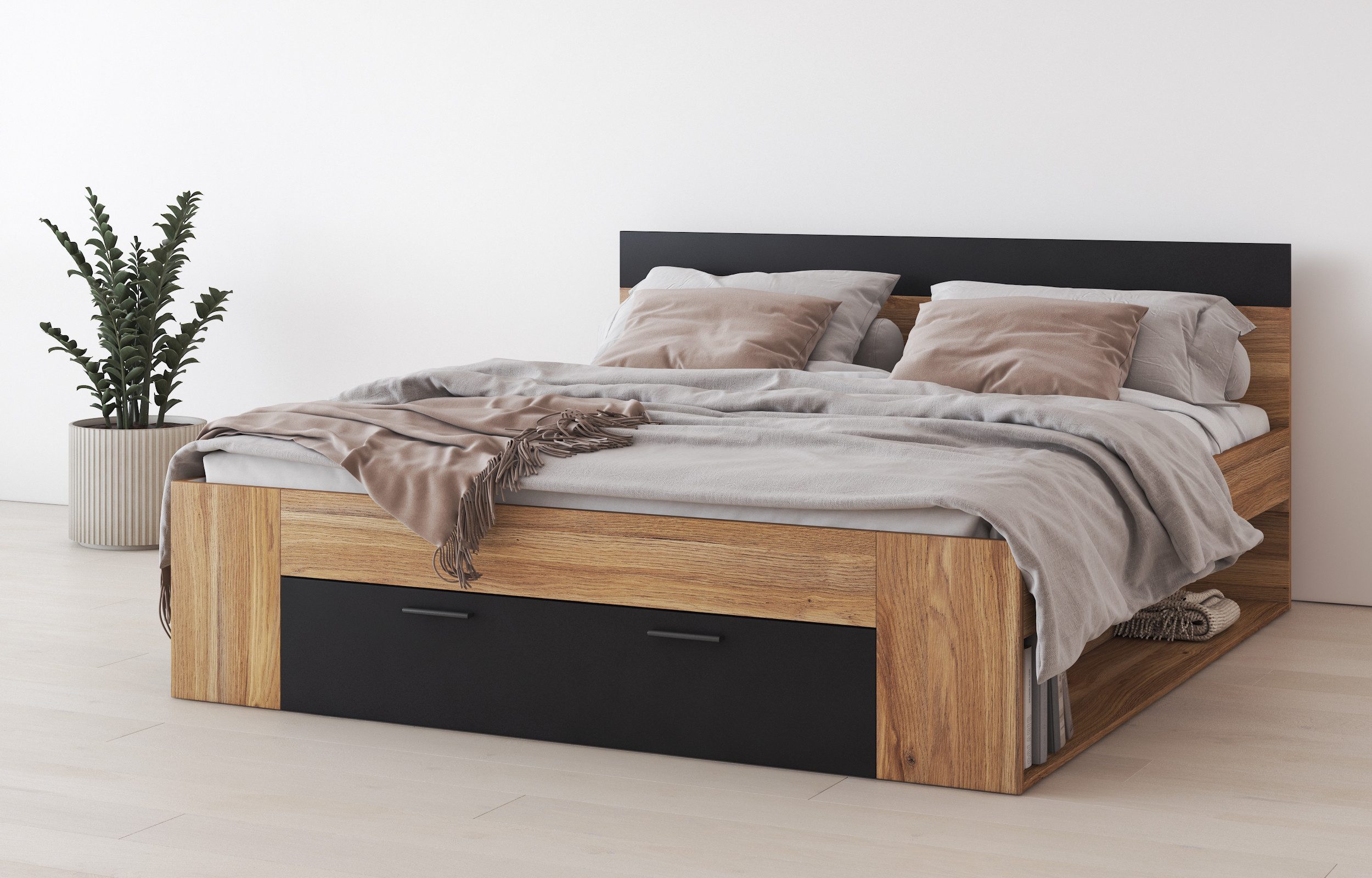 INOSIGN Bedframe Faweza, Breedte 160 of 180 cm, Opbergbank Functiebureau lade met extra veel opbergruimte bedden beige