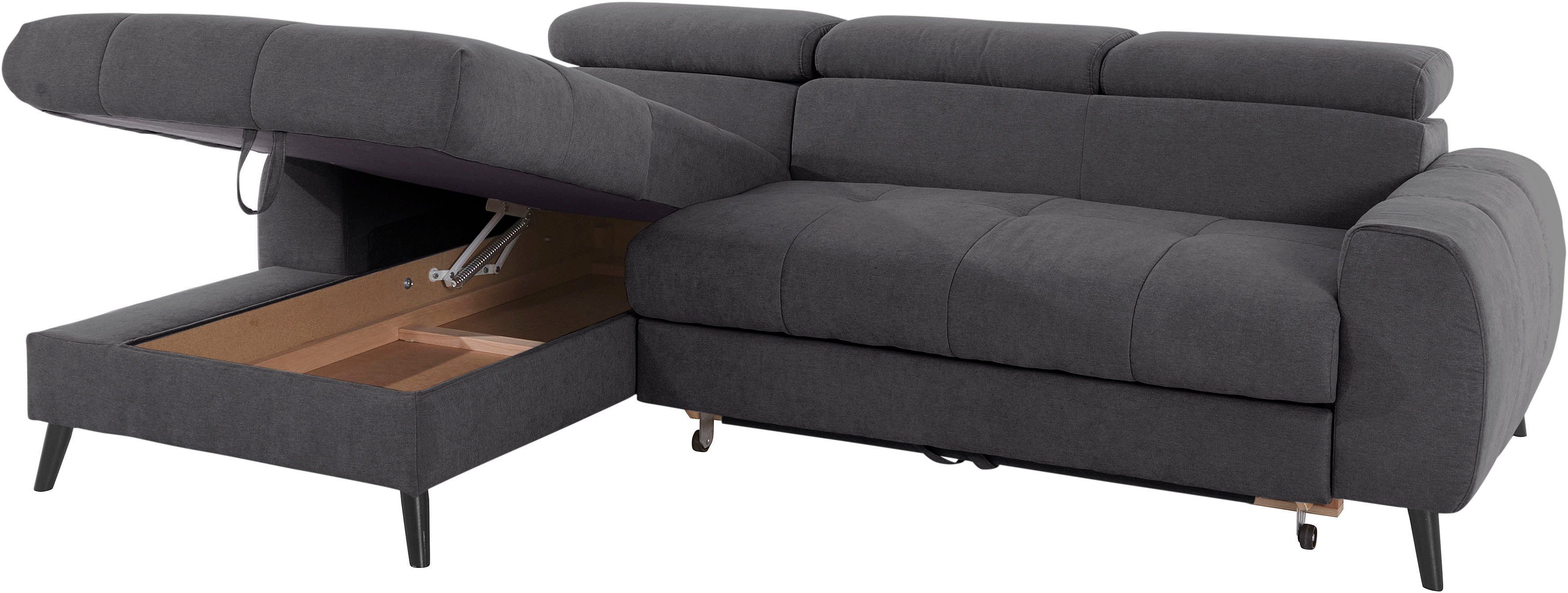 COTTA Hoekbank Mia L-vorm met 3 sierkussens keuze met bedfunctie, bedlade, verlichting & draadloze oplader