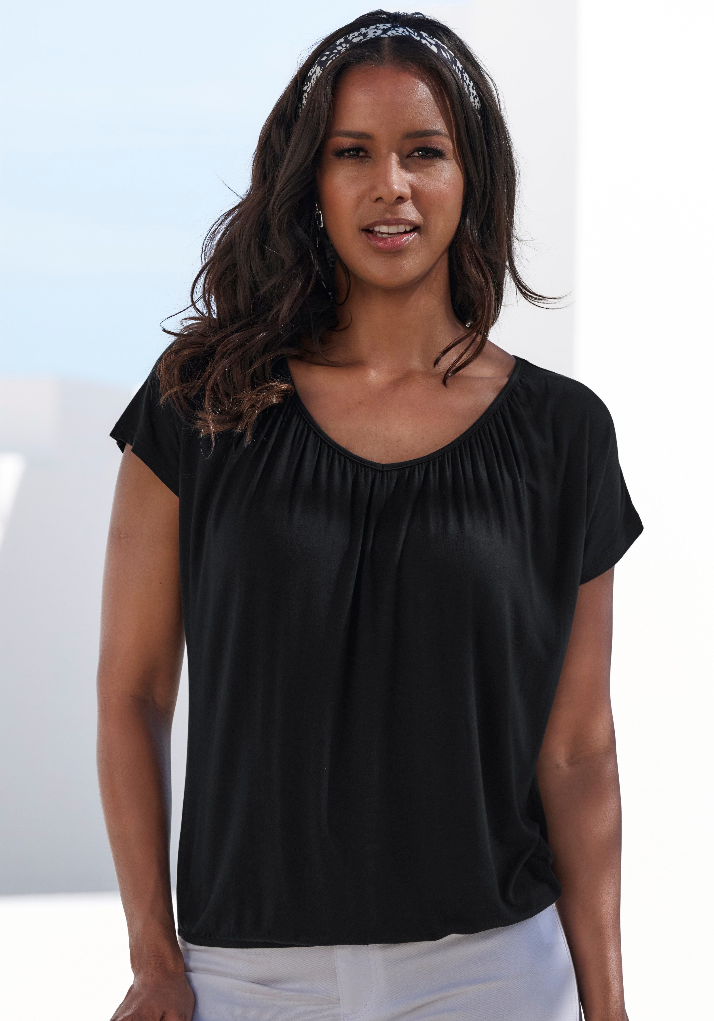 Lascana Shirt met korte mouwen met elastiek in de band (1-delig)