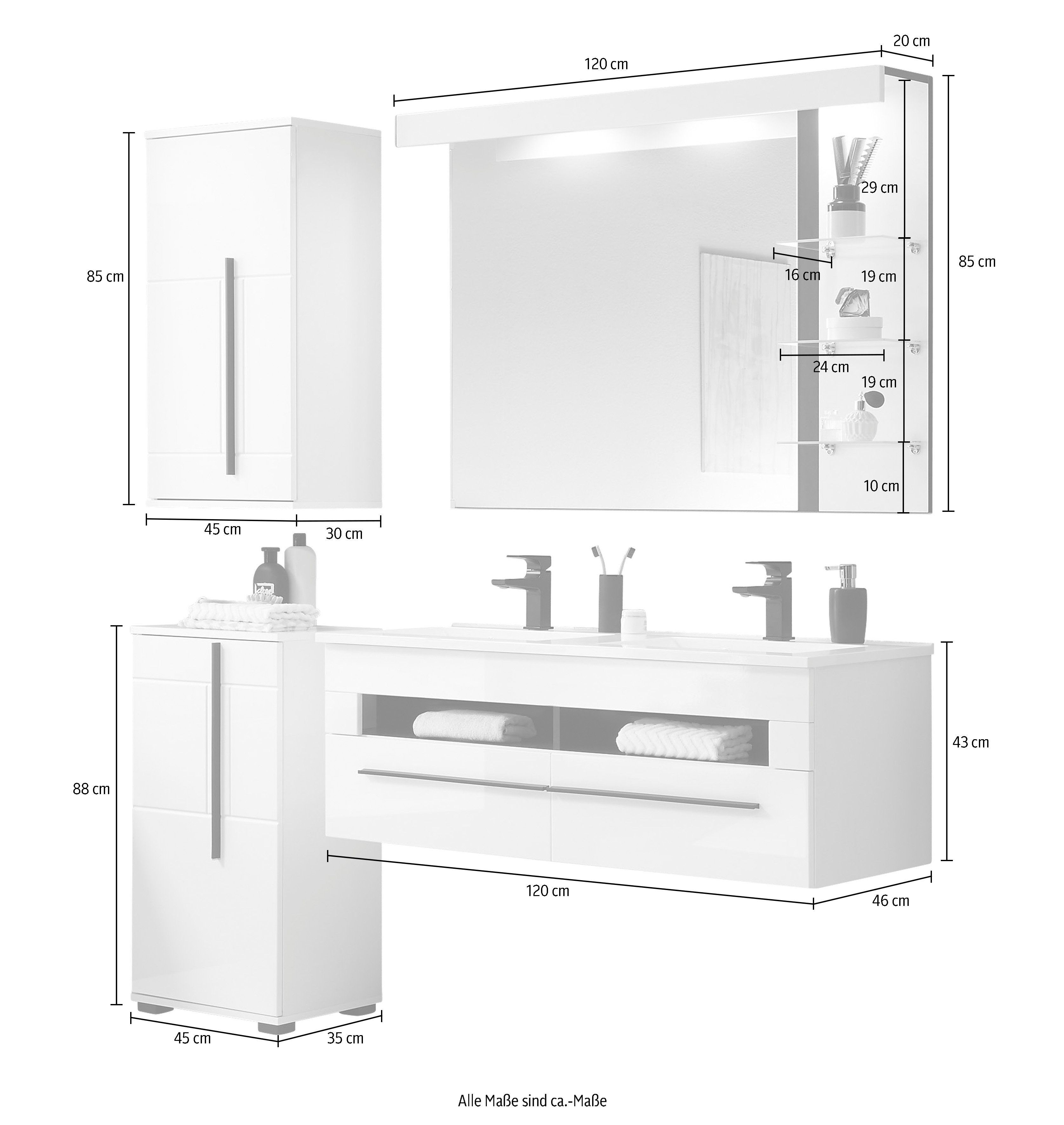 INOSIGN Badkamerserie Cantara, badkamer in modern ontwerp, 4-delig badkamer Waschtafel, kast, hangkast en spiegel, in wit hoogglans (set, 4-delig)