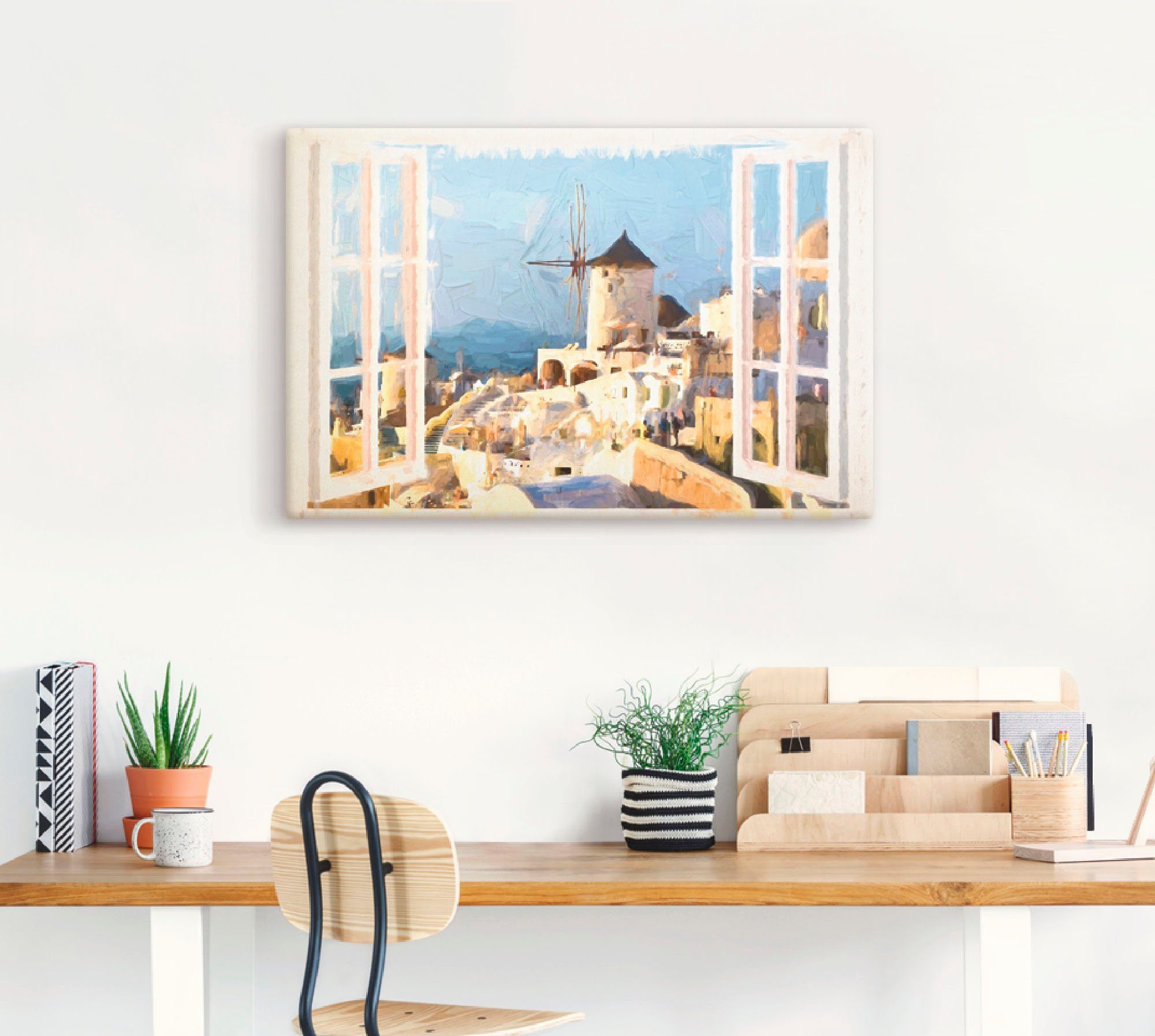 Artland Artprint op linnen Blik door het raam op Santorin
