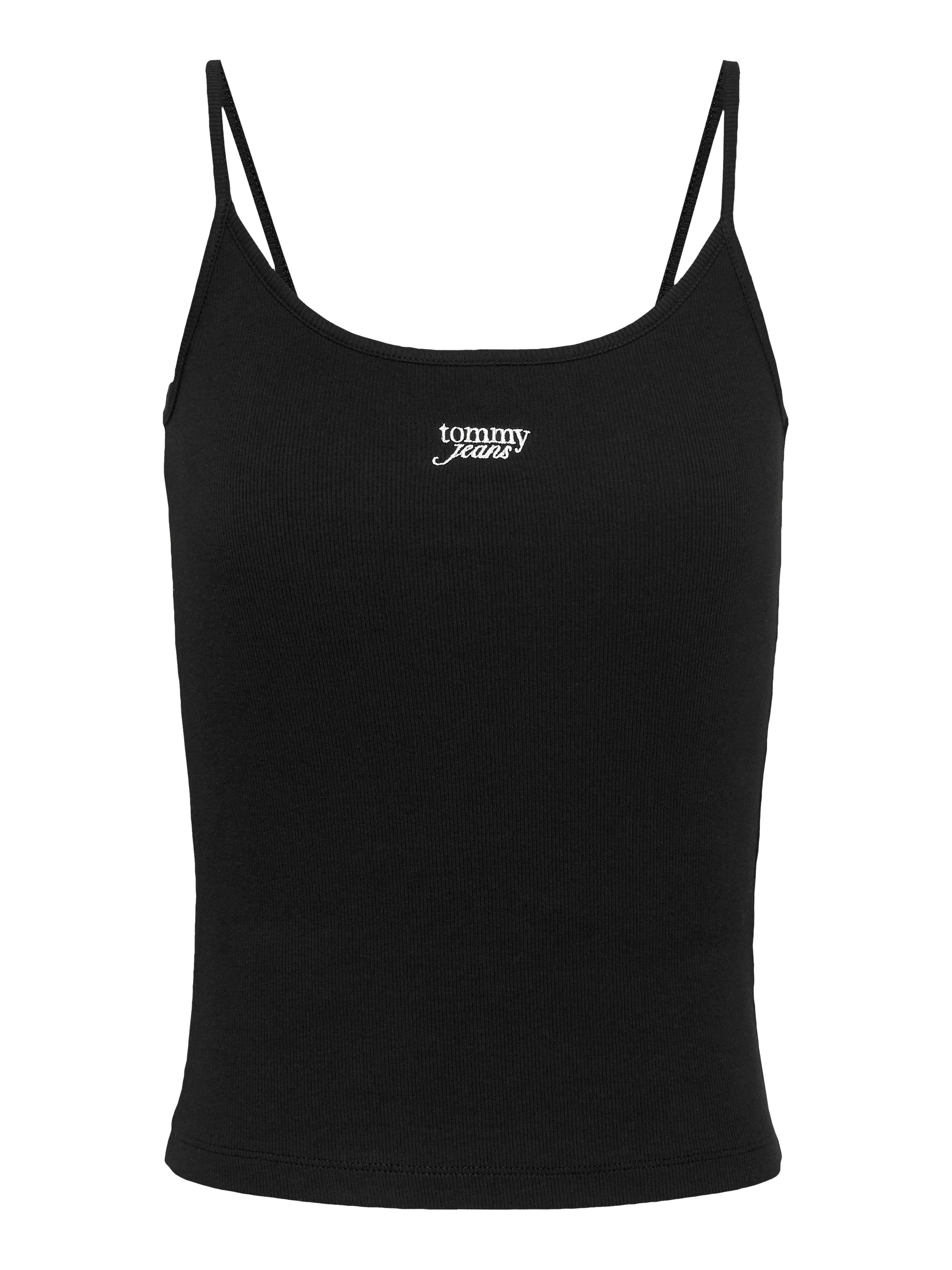 TOMMY JEANS Top met spaghettibandjes TJW SCRIPT STRAPPY TOP in riblook, met logo-opdruk