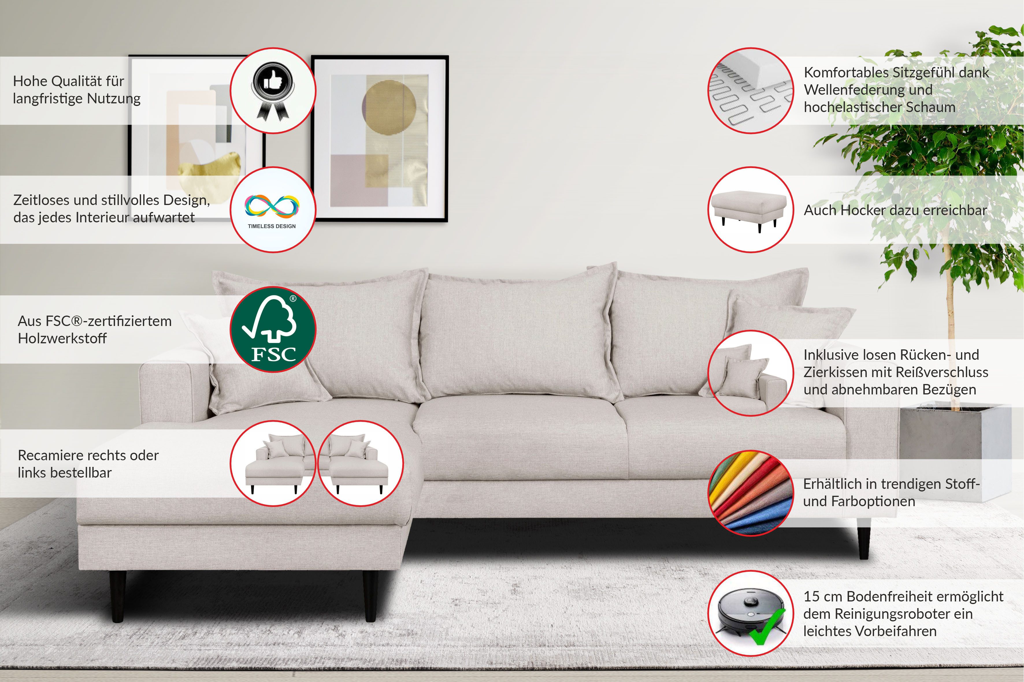 Home affaire Hoekbank VEYRAS L-vorm, hoog zitcomfort, afmetingen B/D/H: 230/150/76 cm