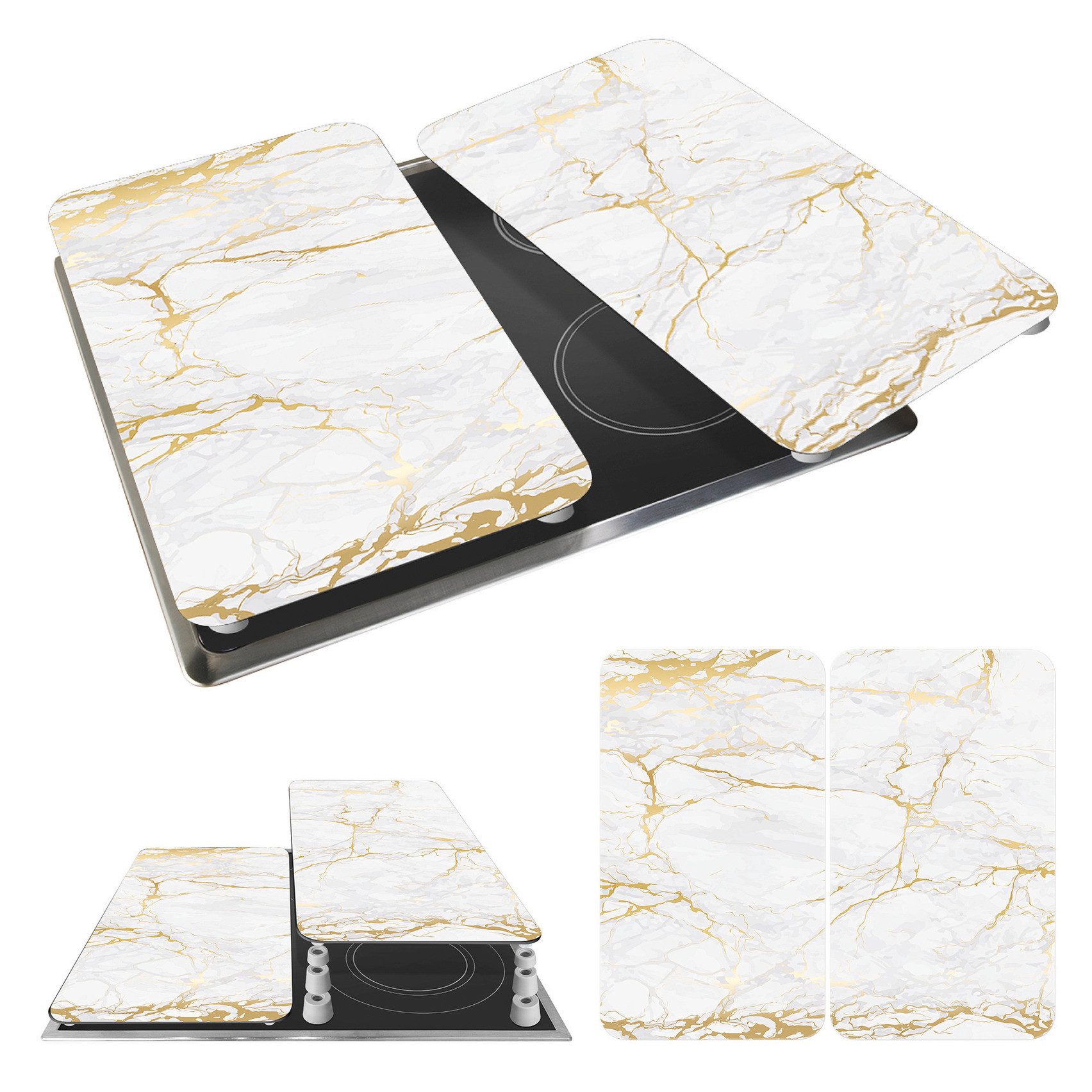 WENKO Kookplaatdeksel Universal Model Marmor Gold Kookplaatafdekking voor alle soorten kookplaten, krasvast, met antislipvoetjes (set, 2-delig)