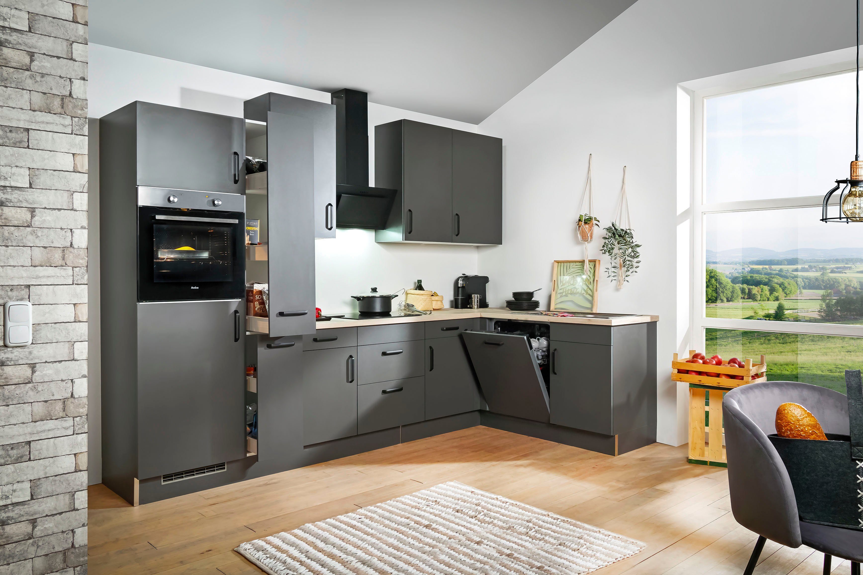 wiho Küchen Hoekkeuken "Simi", met verstelbare voeten, optioneel met elektrische apparaten Soft-close functie in lades & uittrekelementen, opstelbreedte 315/175 cm