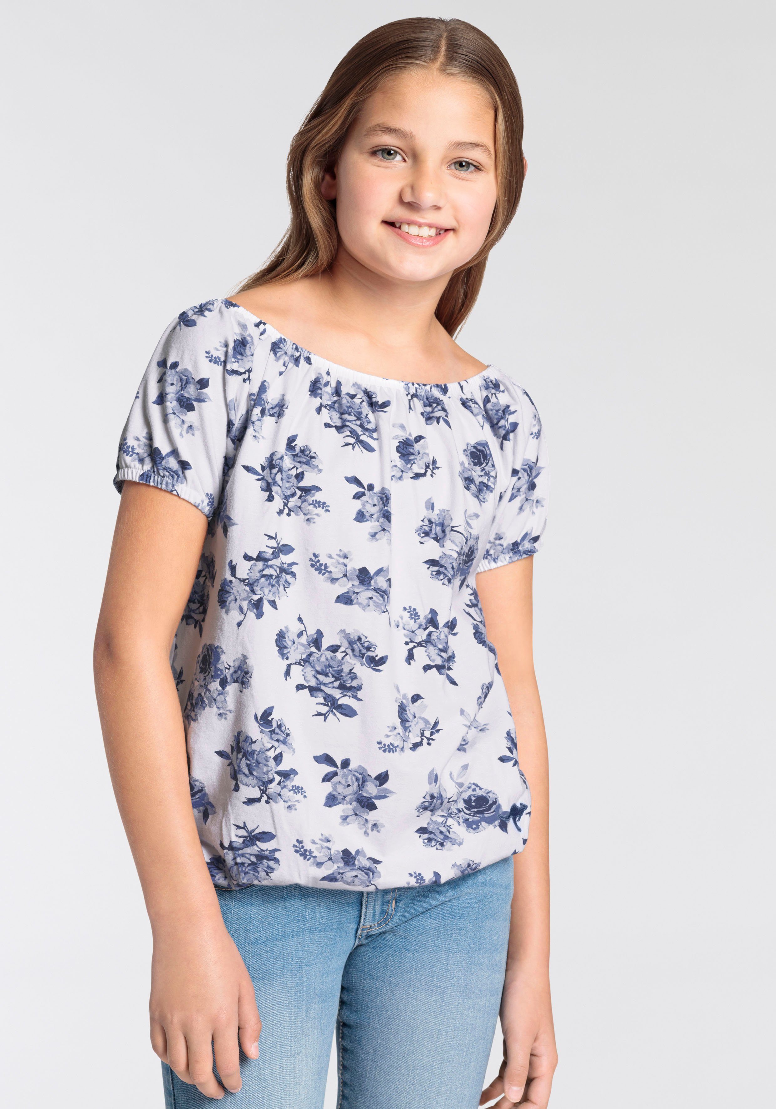 KangaROOS Shirt met carmenhals Kangaroos Meisjes Korte mouwen, dynamische pasvorm, allover print, carmenuitsnijding