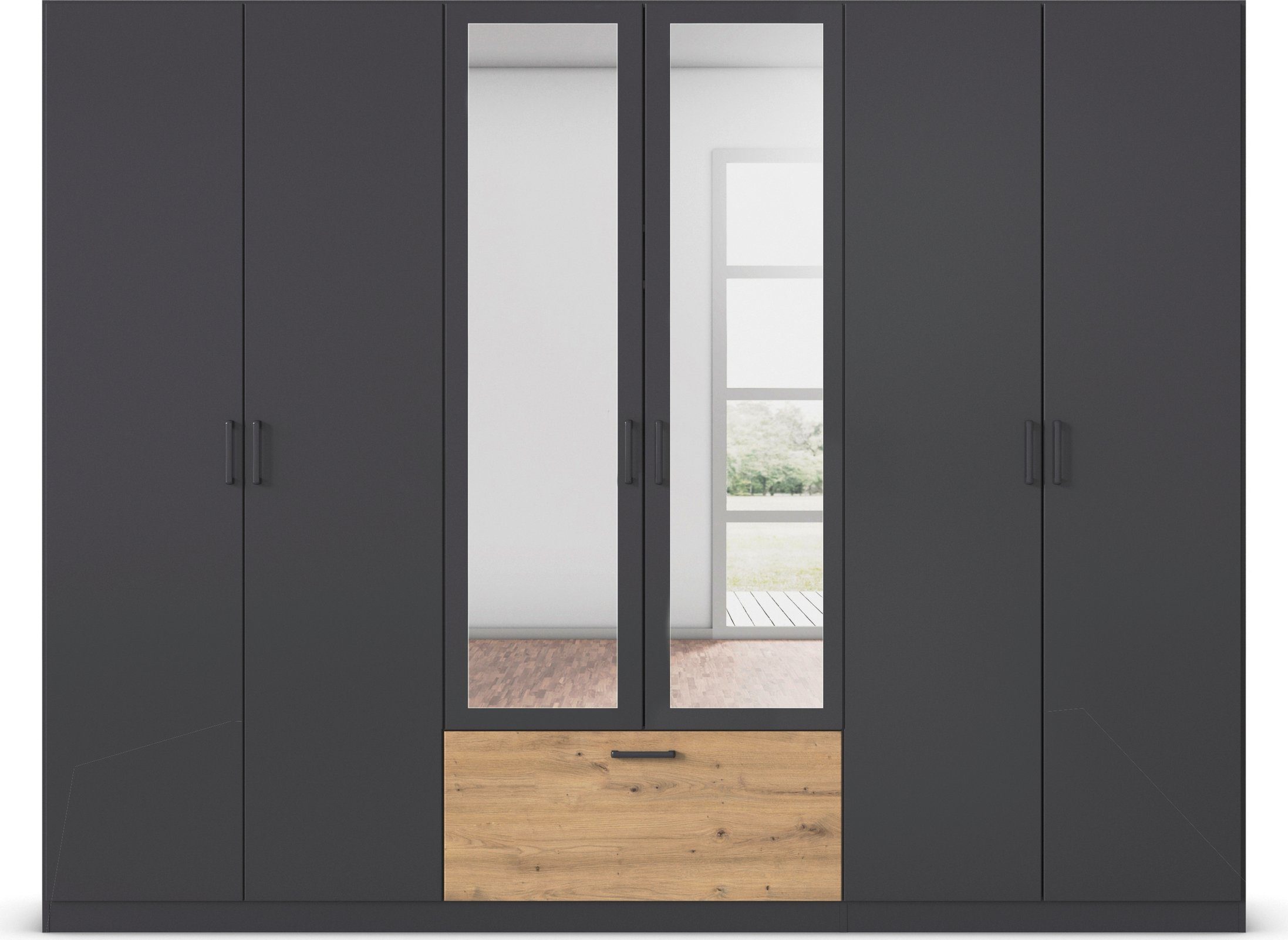 rauch Draaideurkast Kledingkast kast garderobe waskast BARI met spiegel met lades in het midden, moderne greep in grijs metallic made in germany