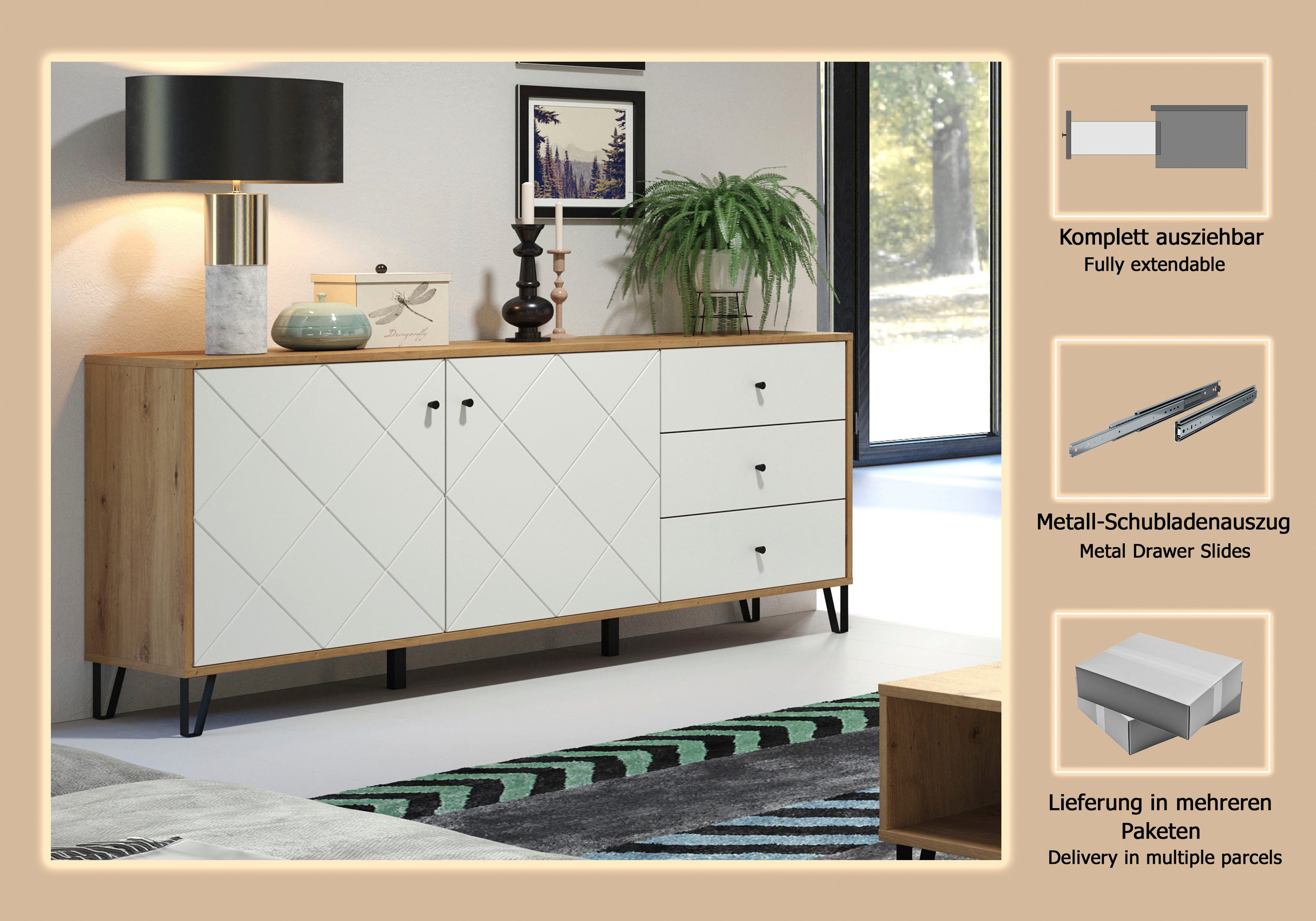 Places of Style Dressoir Tarragona Commode, Frezingen in ruitlook, Breedte 183 cm