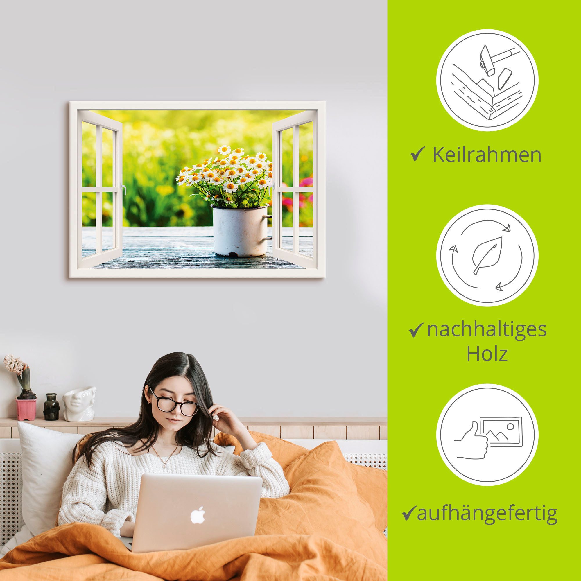 Artland Artprint Blik uit het venster tuin met madeliefje als artprint van aluminium, artprint op linnen, muursticker, verschillende maten