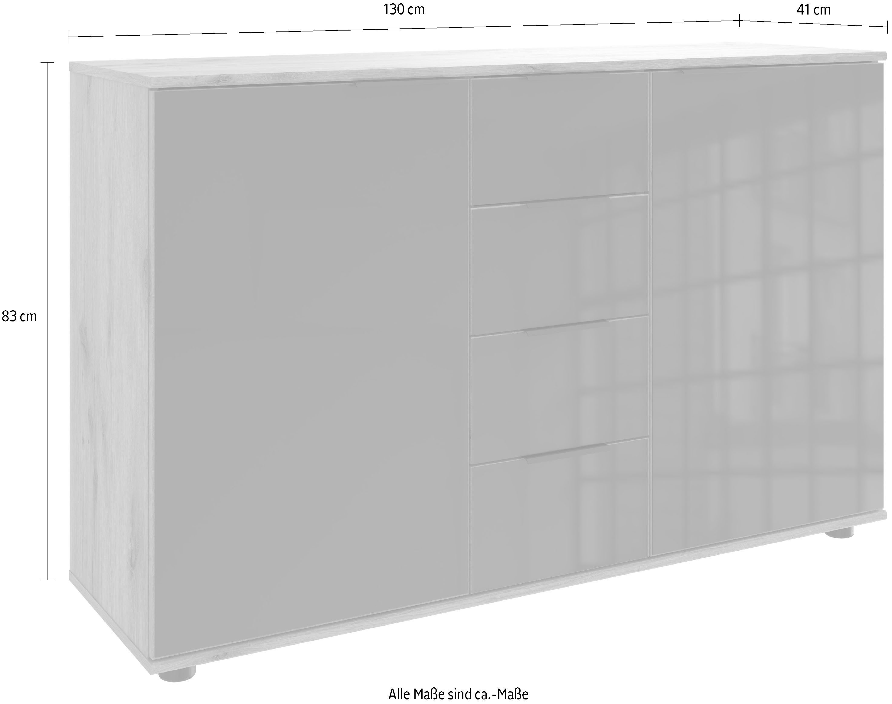 Wimex Ladekast Leonberg, sideboard met 6 lades met glazen front, b/d/h 130/41/83 cm, zwarte metalen handgrepen