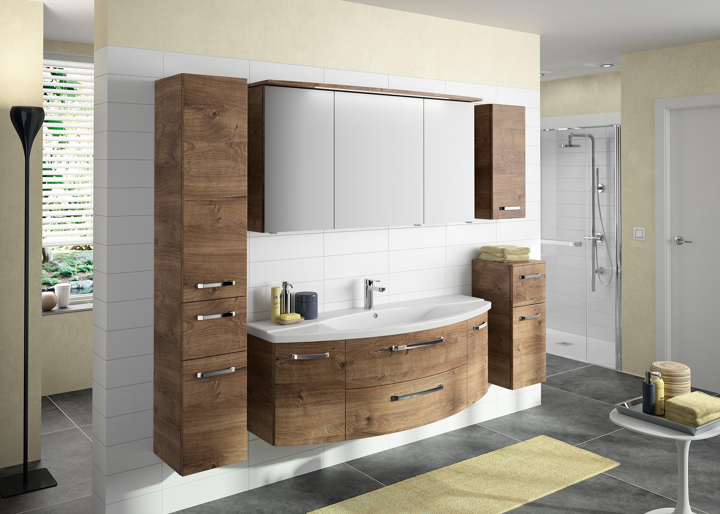Saphir Badkamerspiegelkast Serie 4010 badkamer spiegelkast incl. LED-verlichting in krans Badkast 142 cm breed, 3 deuren, 6 glazen legplanken, incl. deurdemper