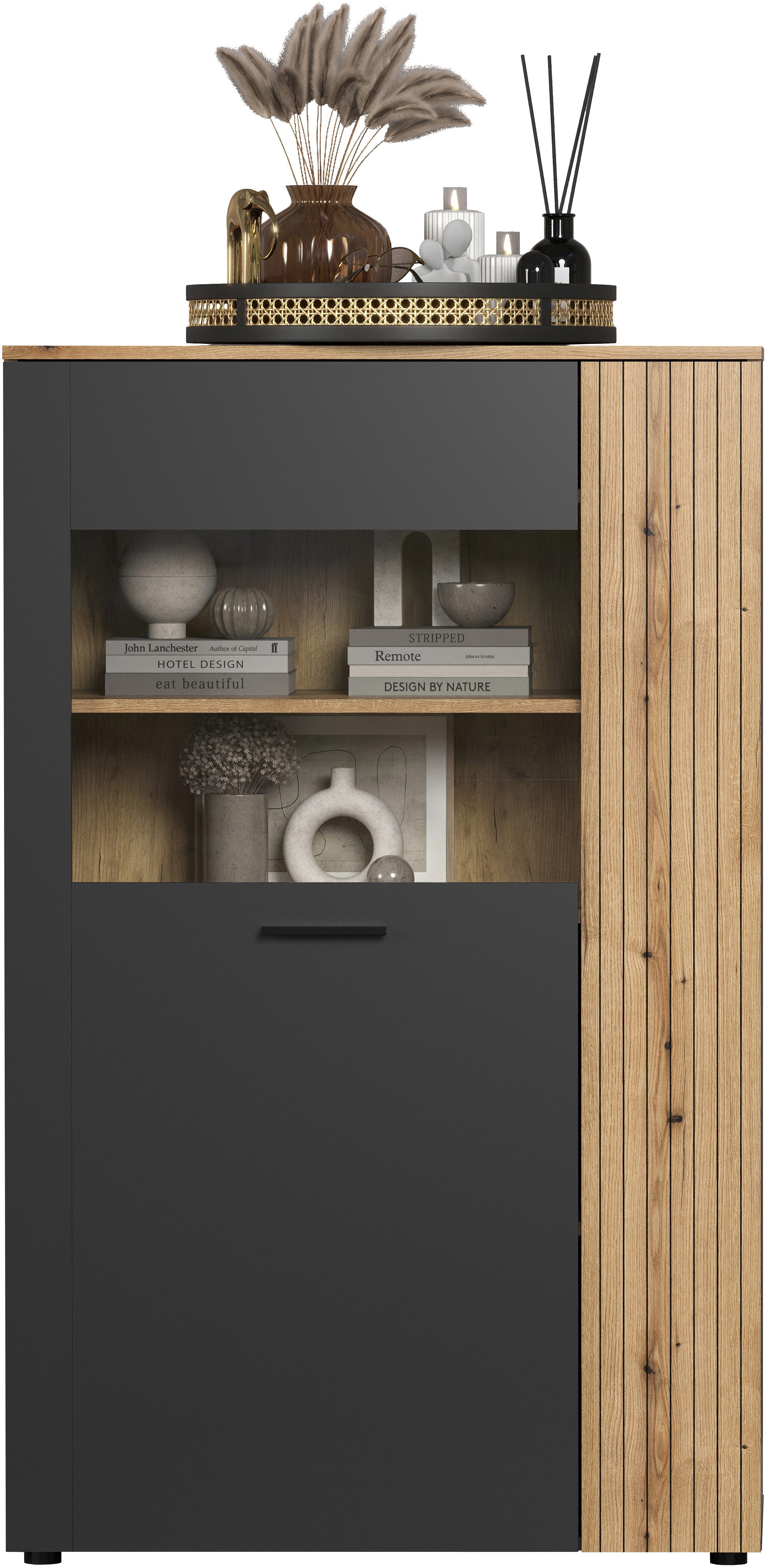 INOSIGN Highboard Estepona Vitrine met groeflook - deuren links of rechts monteerbaar (1 stuk)