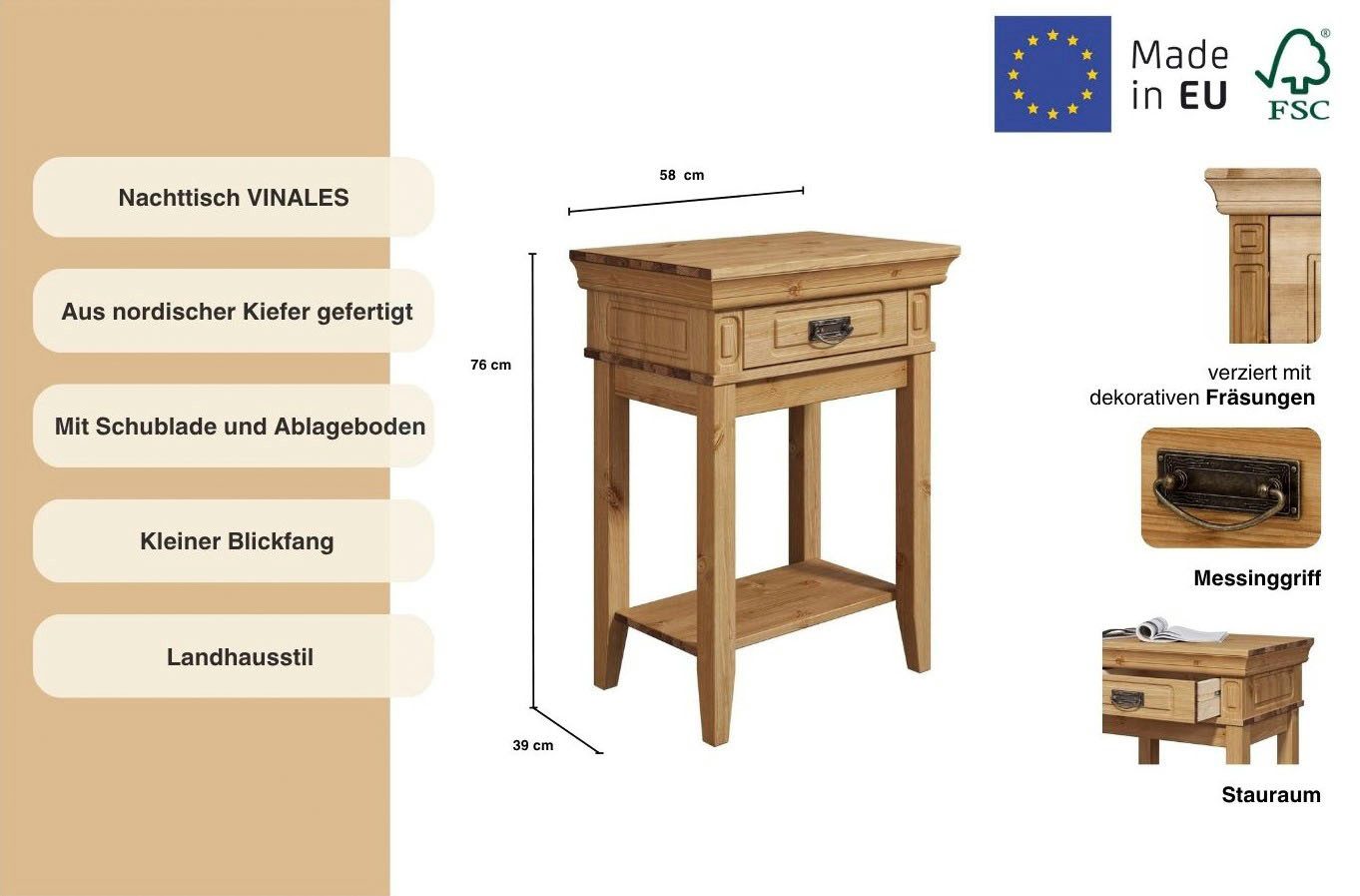 Home affaire Nachtkastje Vinales, console tafel, bijzettafel ideaal voor boxspringbedden