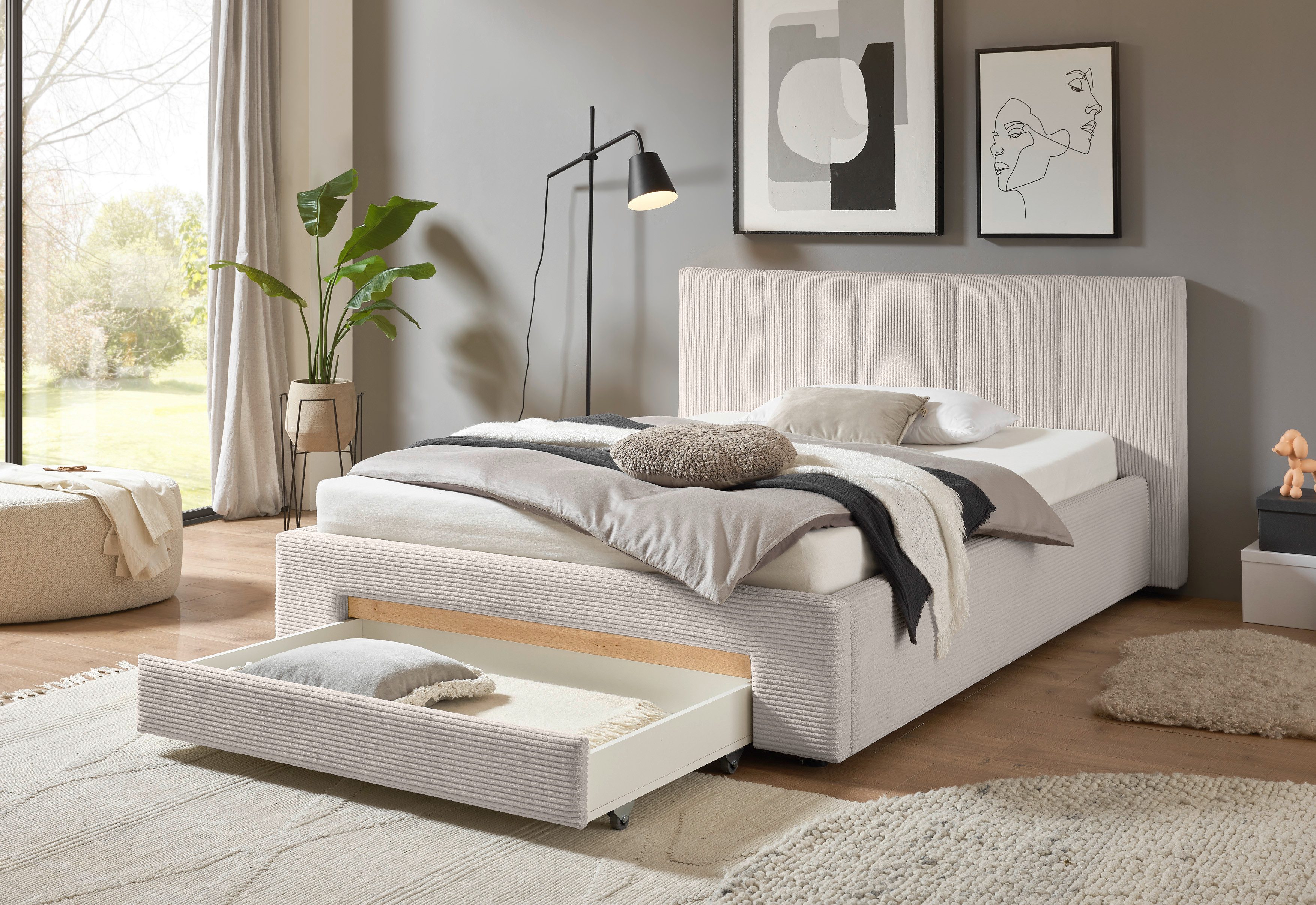 INOSIGN Gestoffeerd bed CiTY/GiRON, bedframe met bedlade, gestoffeerd opbergbed met hondenbed of opberglade, bekleding van corduroy of linnenlook
