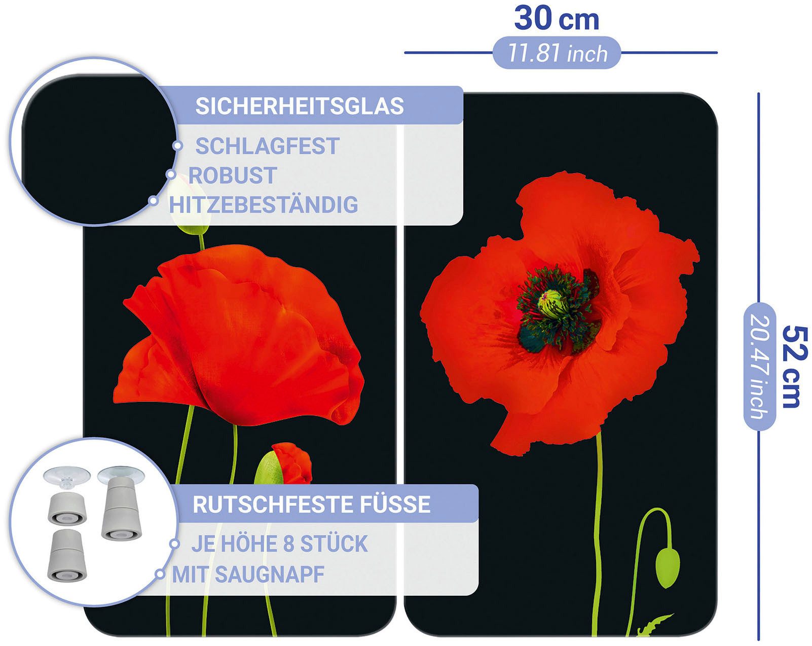 WENKO Kookplaatdeksel Universal Model Mohn Kookplaatafdekking voor alle soorten kookplaten, krasvast, met antislipvoetjes (set, 2-delig)