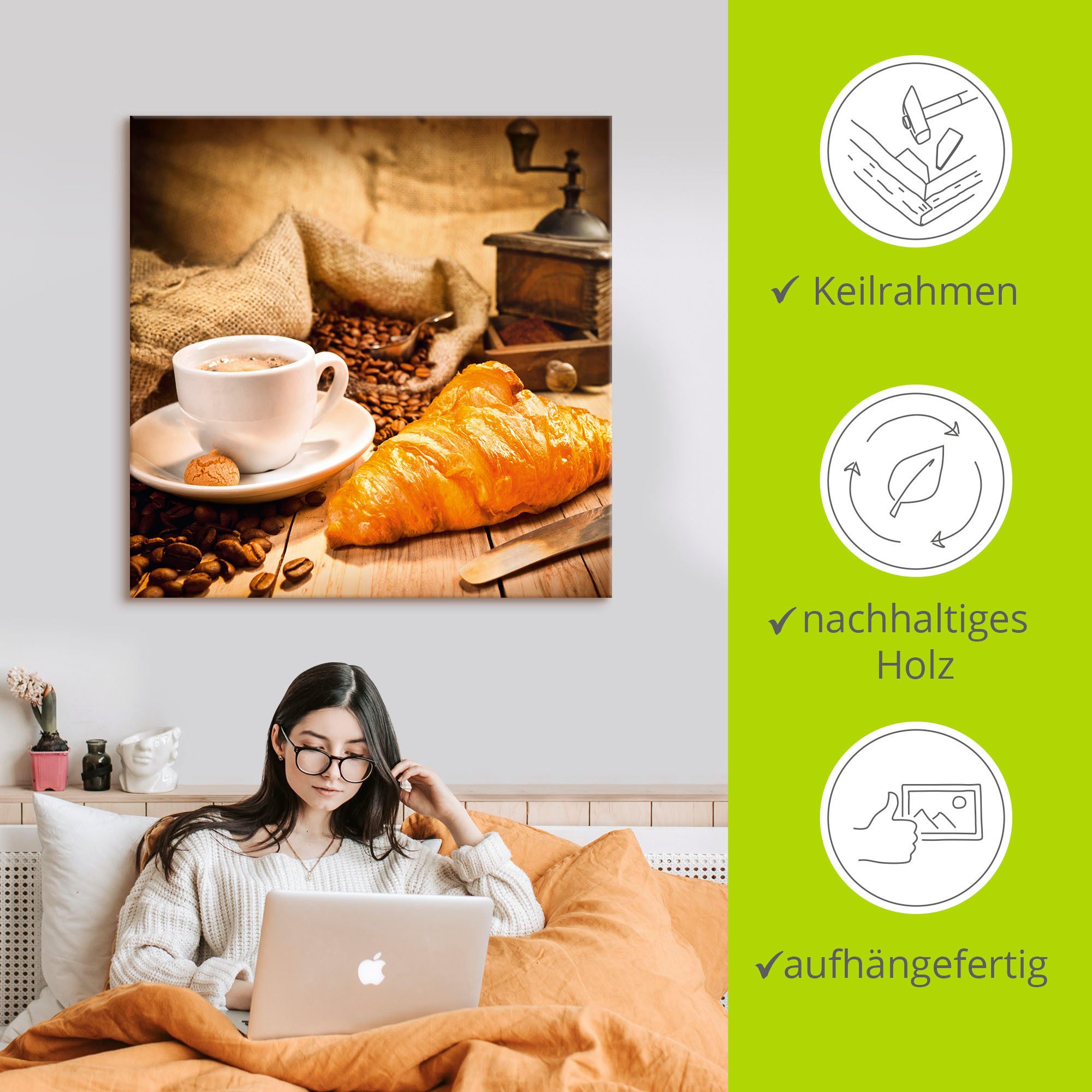Artland Artprint Koffiekopje met croissant als artprint op linnen, poster in verschillende formaten maten