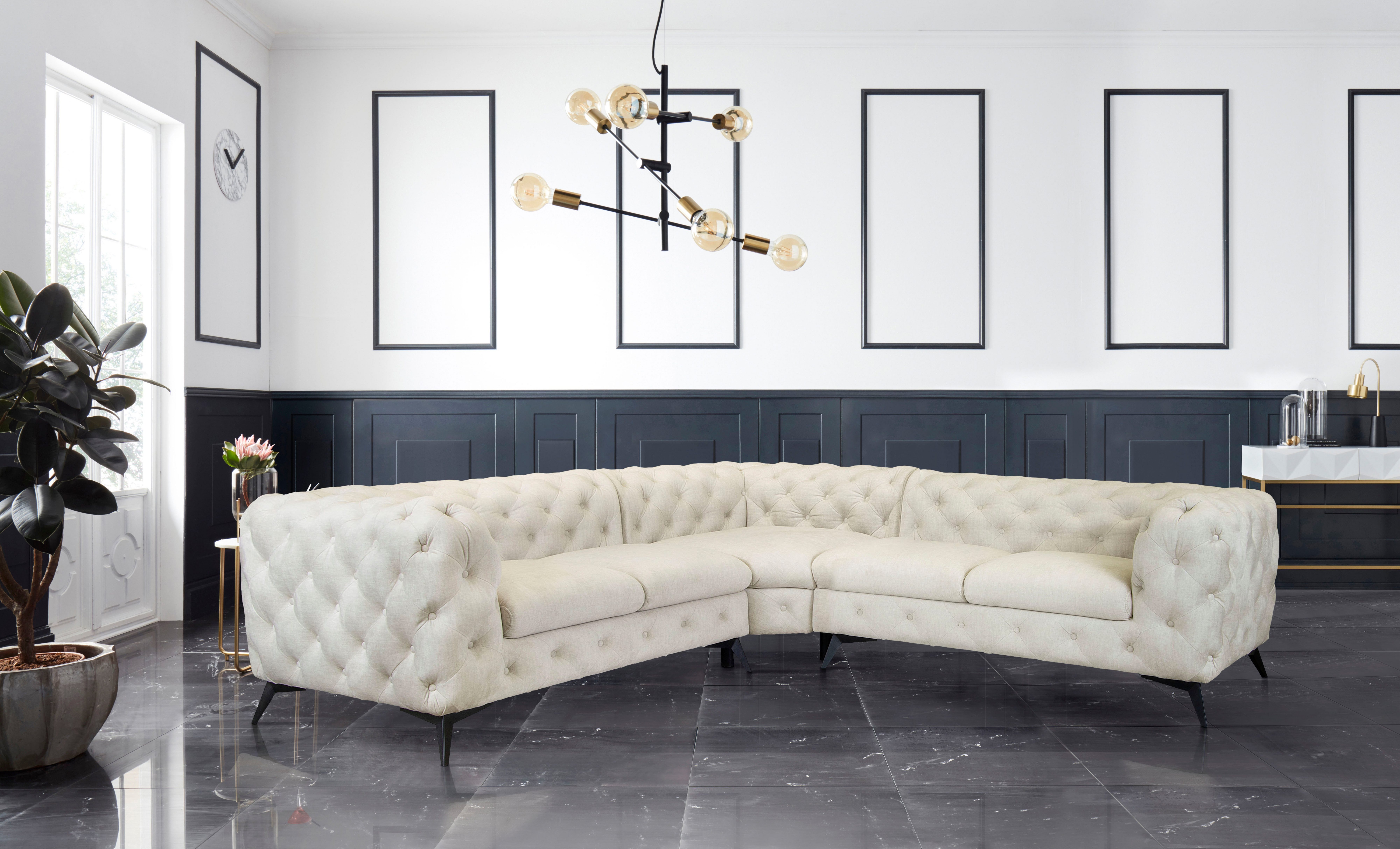 Leonique Chesterfield-bank Glynis L-vorm luxueuze capitonnage, moderne chesterfield look, kleur van de poten ter keuze