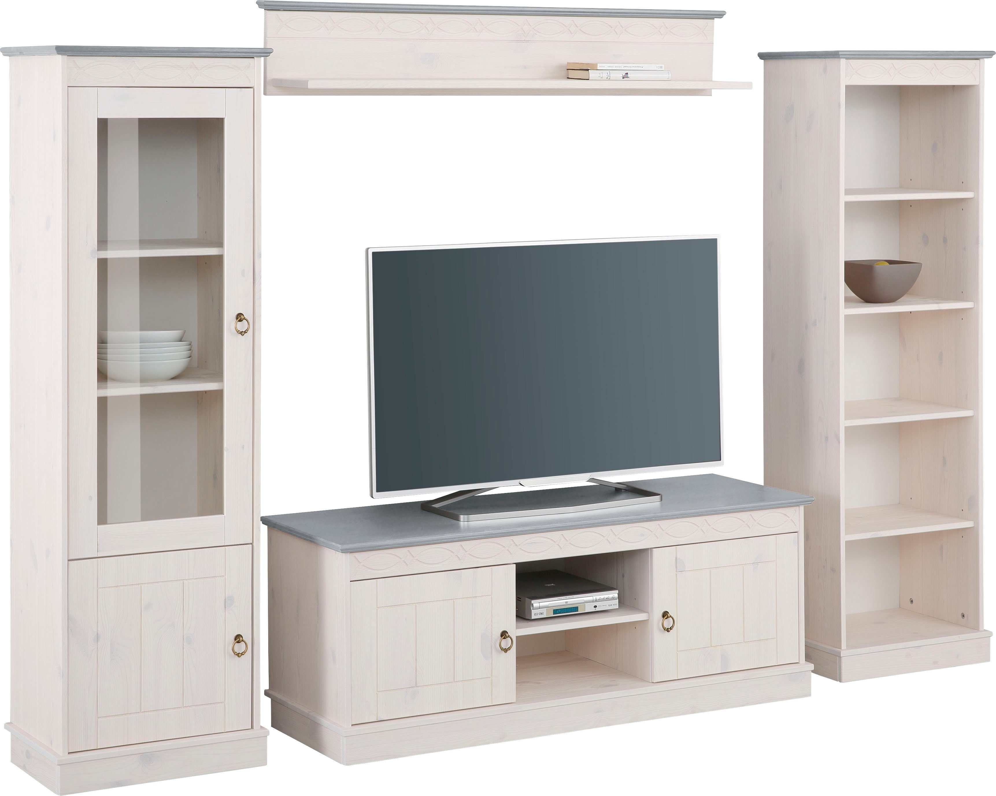 Home affaire Wandmeubel Indra 4-delig set: vitrinekast, lowboard, wand- & staande plank, massief dennenhout (set, 4-delig) tv-wandmeubels wit