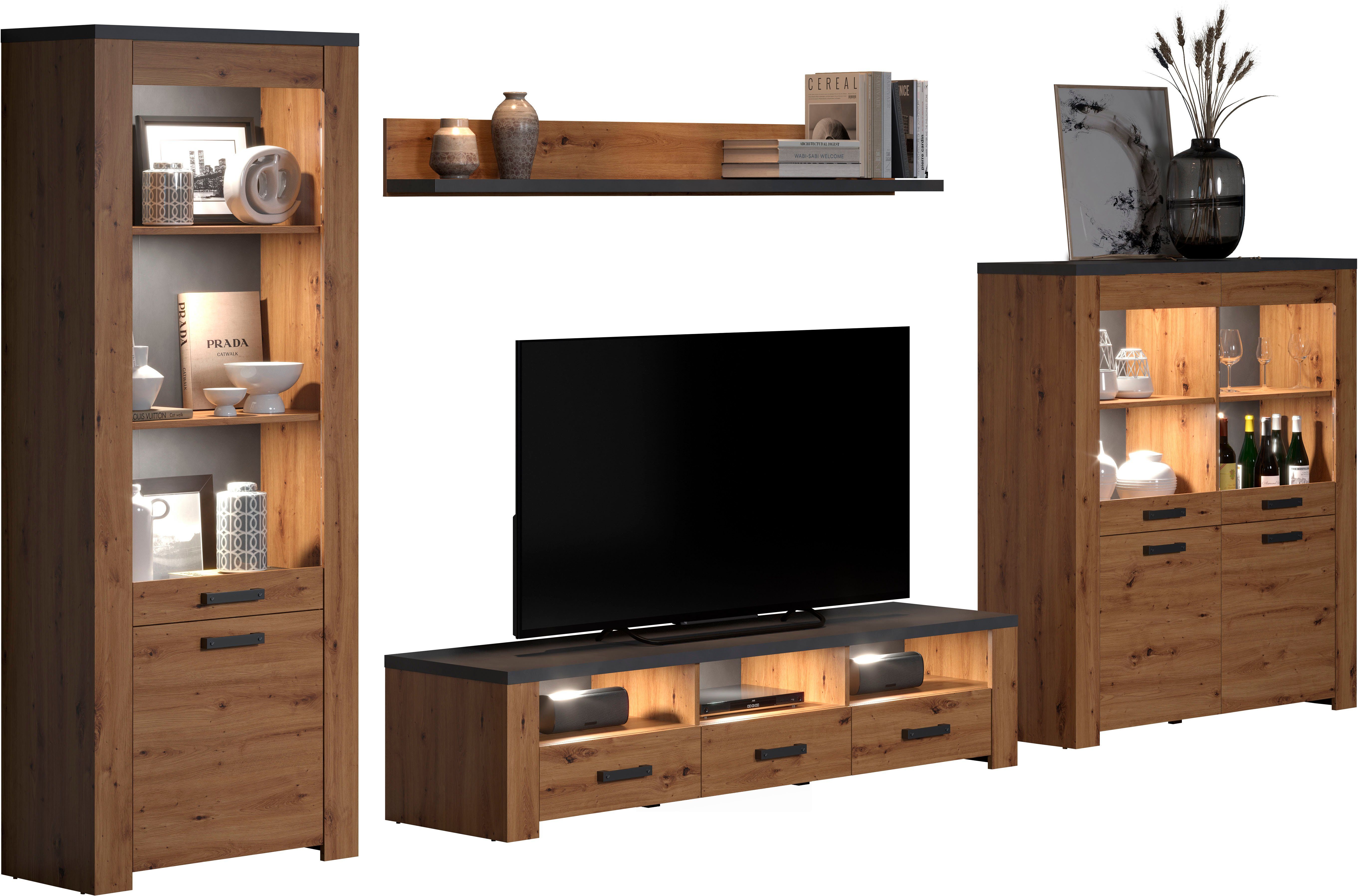 Home affaire Tv-wandmeubel Ambres Moderne tv-set, echt-hout-look, breedte ca. 409 cm, mat (4-delig)