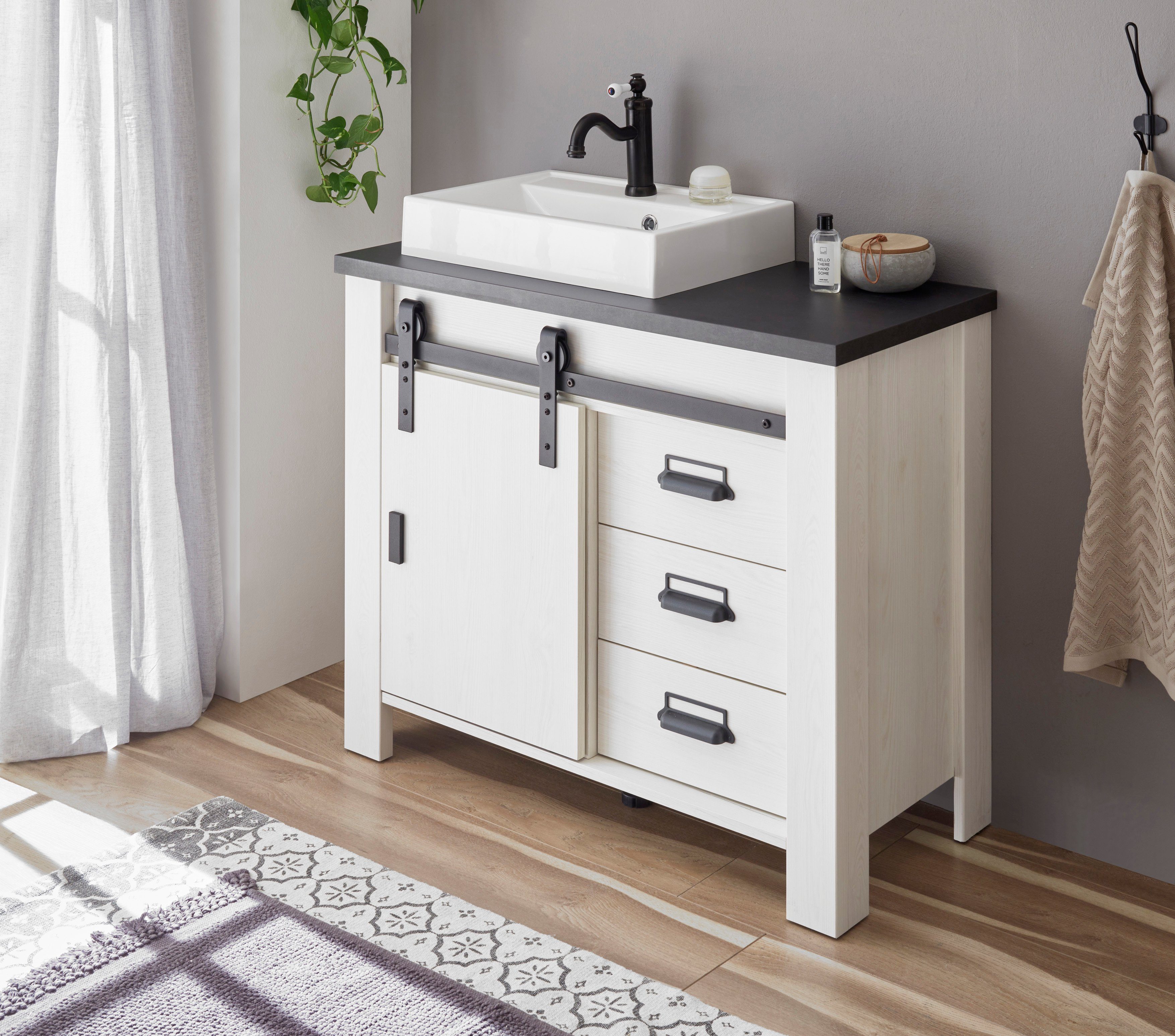 Home affaire Wastafelonderkast Sherwood Hout, schuurdeurbeslag en apothekersgrepen van metaal, hoogte 91 cm (1 stuk)