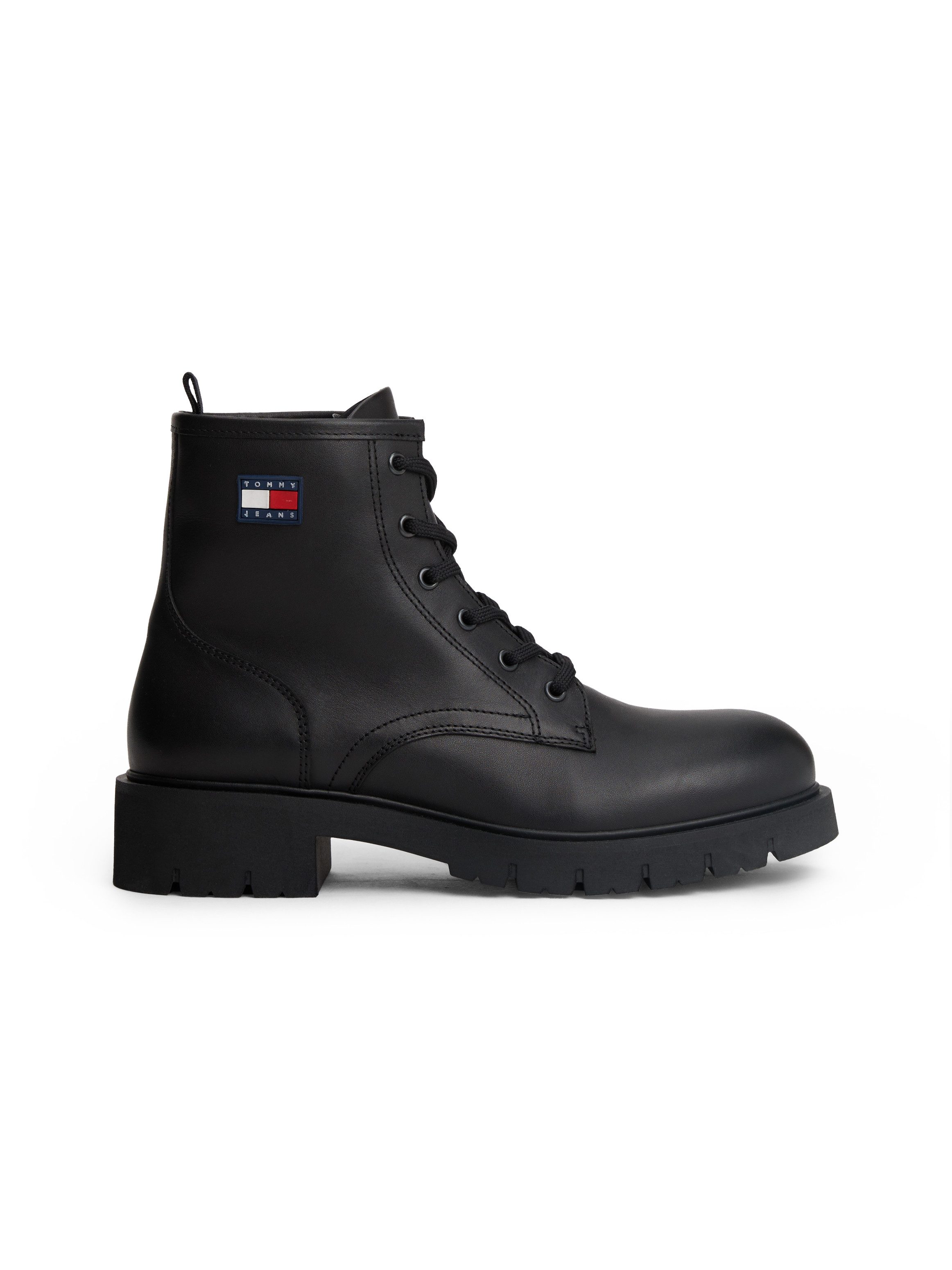 TOMMY JEANS Veterschoenen TJW LACE UP LEATHER BOOT , blokhak, veterlaarsjes met logovlag op de zijkant