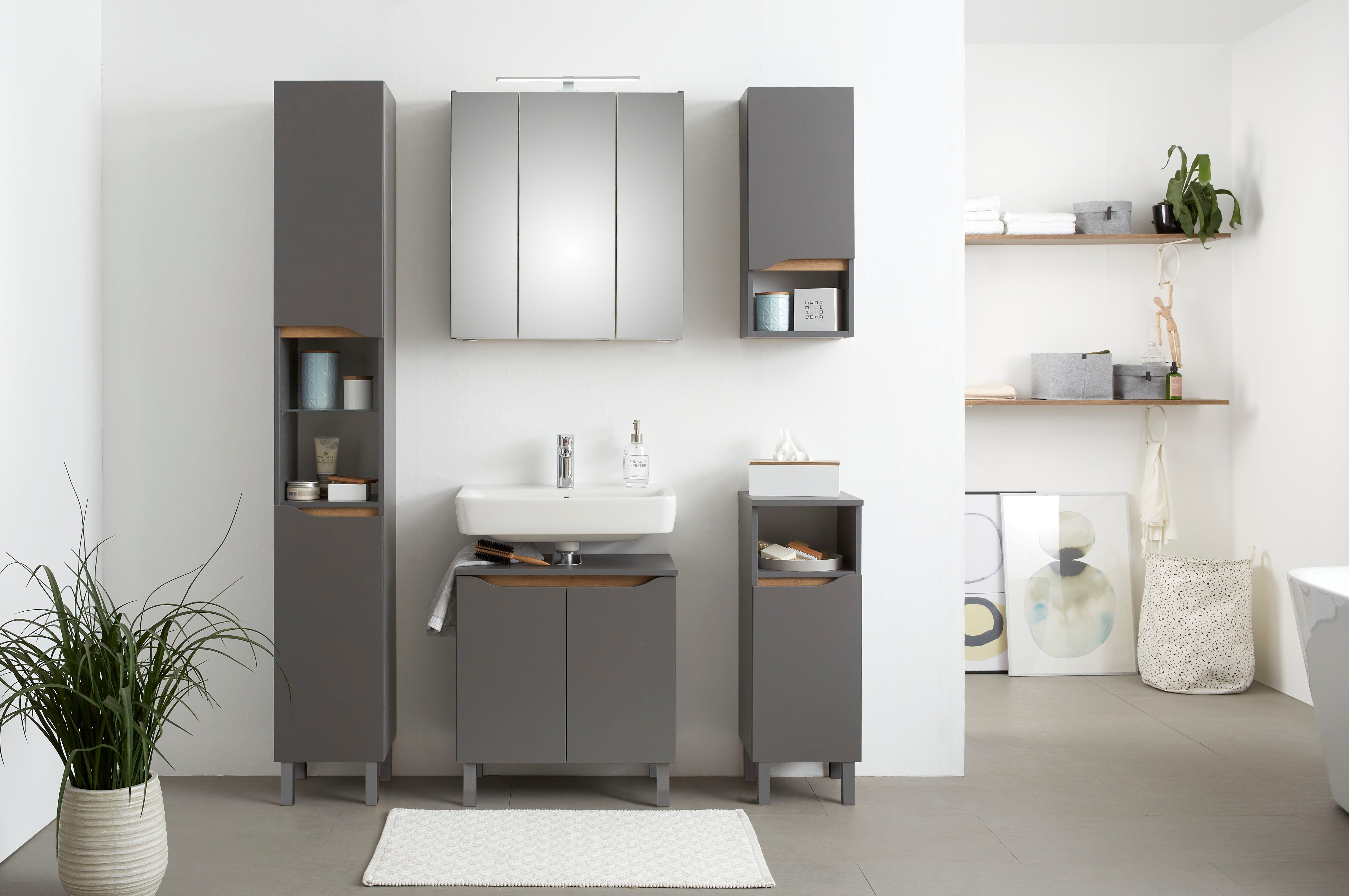 Saphir Badkamerserie Quickset 5-delig, wastafelonderkast met led-spiegelkast Hoge kast, onderkast, hangend kastje, inclusief deurdemper, 9 deuren
