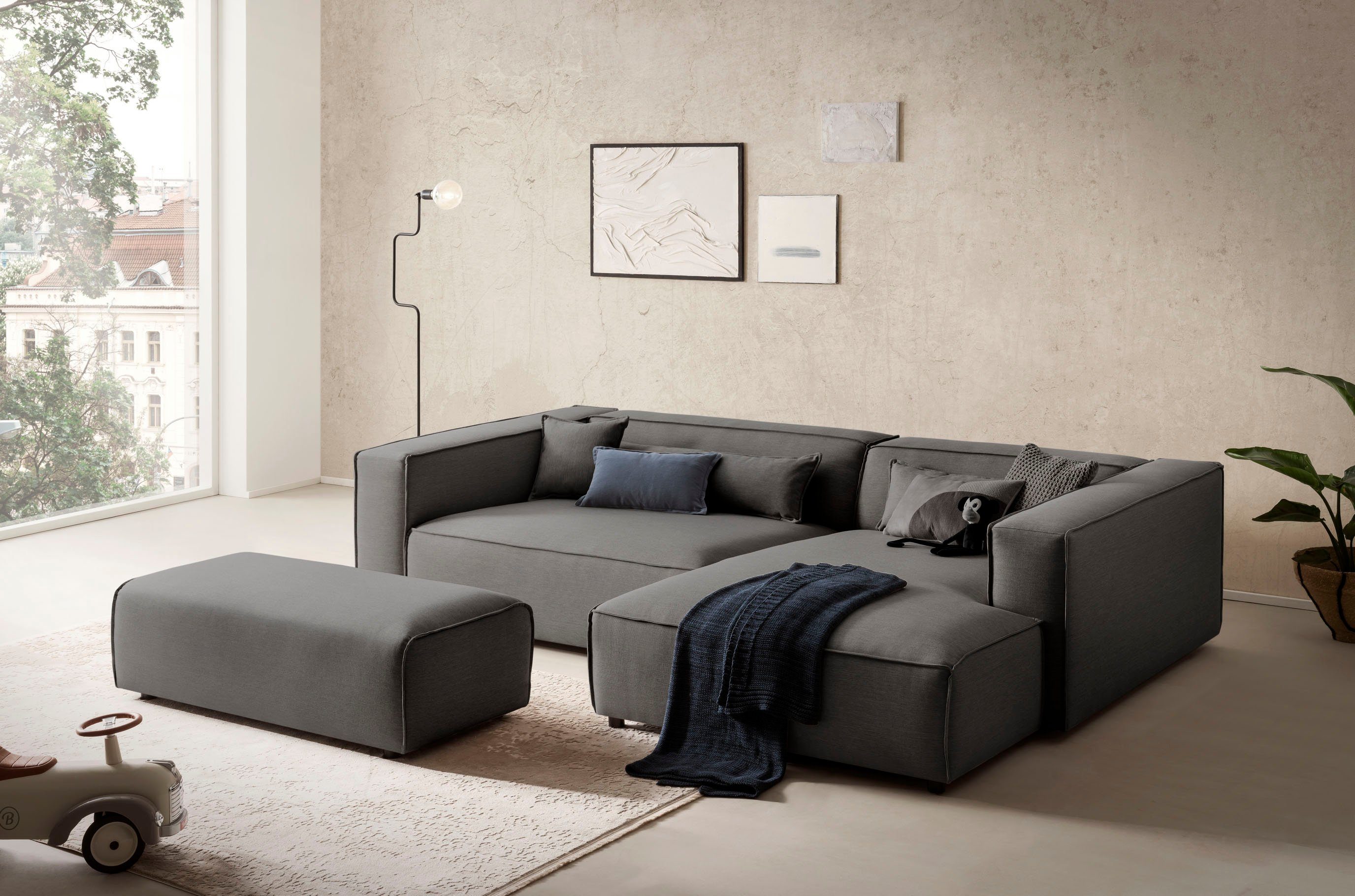 LeGer Home by Lena Gercke Hocker PIARA, poef met biesnaad in cord of linnenlook bij de serie piara, rechthoekig, zwarte voeten, comfortabel zitcomfort