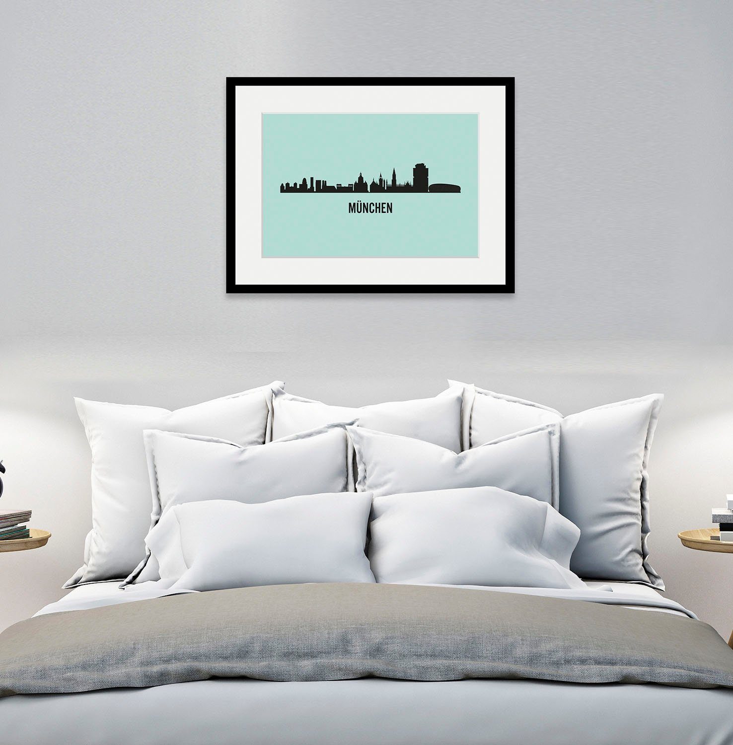 queence Wanddecoratie München Skyline HD premium posterdruk incl. houten lijst (1 stuk) schilderijen maat 50 cm x 40 cm blauw