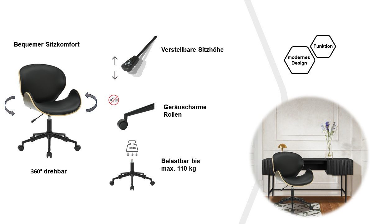 Guido Maria Kretschmer Home&Living Bureaustoel HALVARD Zit schaal van fineerhout, stille wielen, moderne retrolook